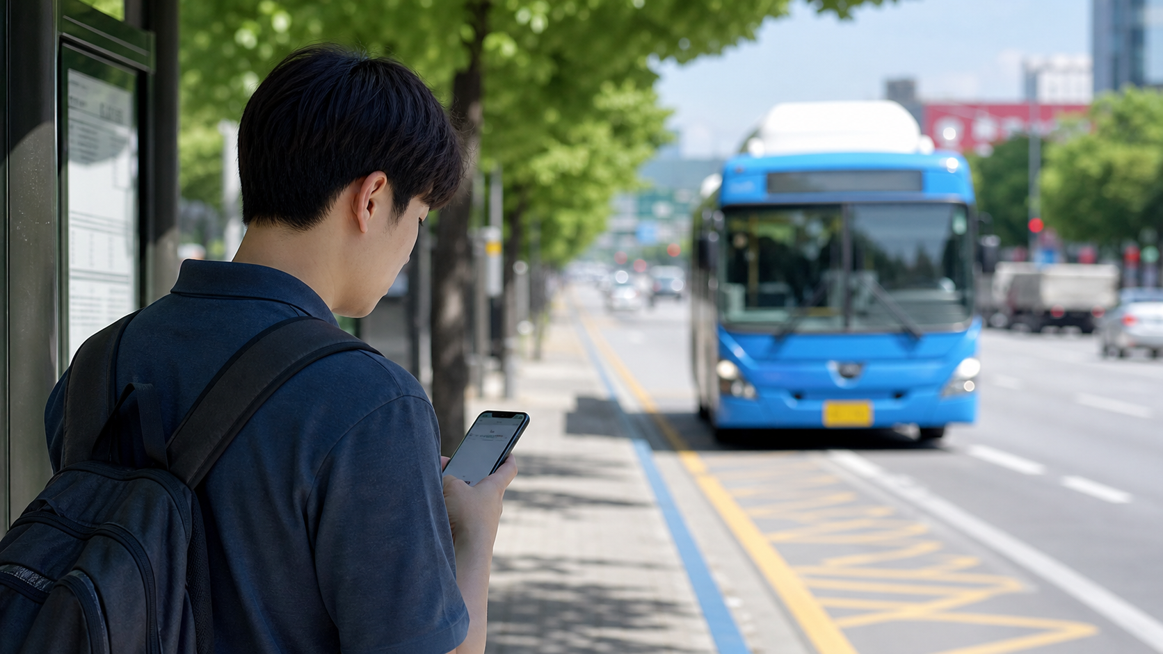 그늘진 버스 정류장에서 도착 정보를 확인하는 직장인