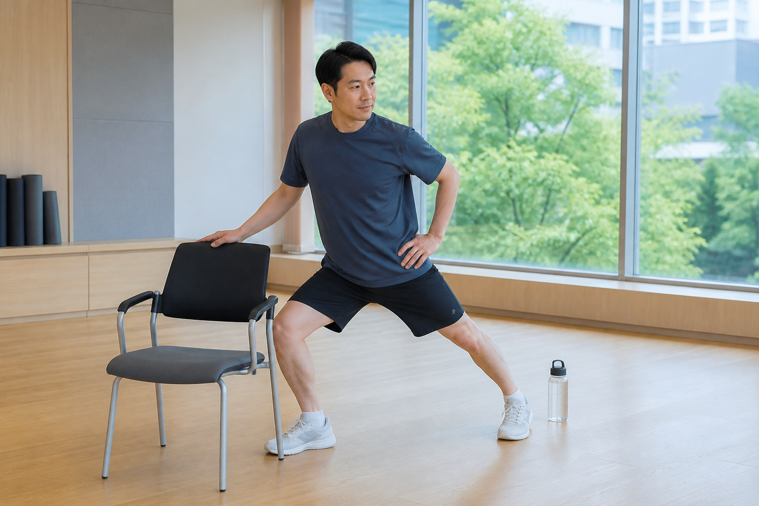 여름철 시원한 실내에서 가볍게 몸을 움직이는 한국인 남성