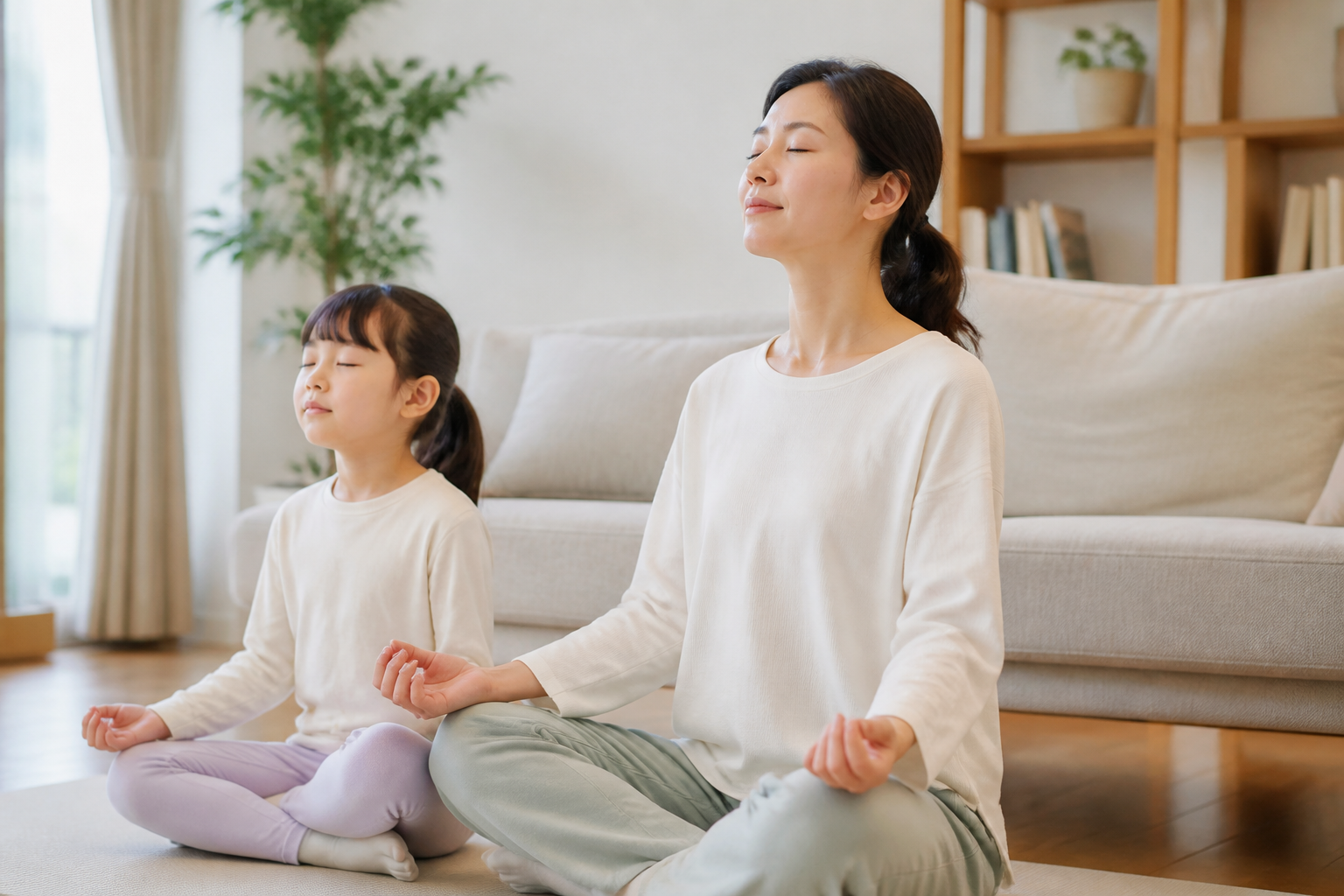밝은 거실에서 보호자와 올바른 자세를 연습하는 한국인 어린이