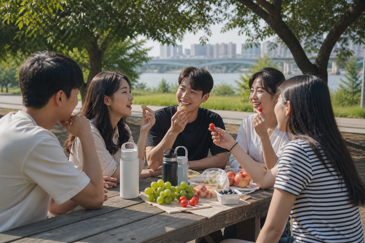 한강변 그늘에서 과일과 물을 나누는 한국인 친구들