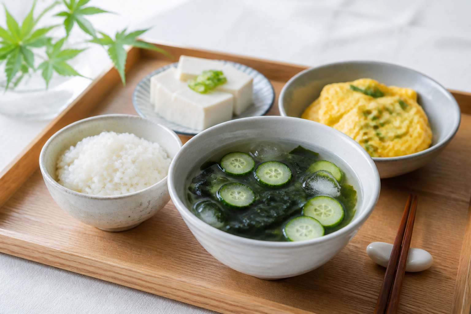 오이 미역 냉국과 밥, 두부와 달걀 반찬이 놓인 아침상
