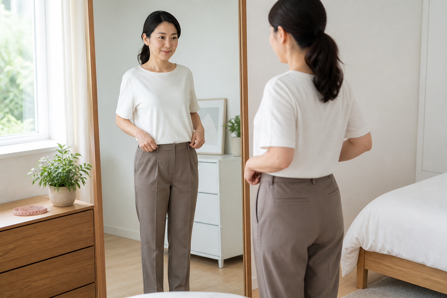 거울 앞에서 바지의 착용감을 확인하는 한국인 여성
