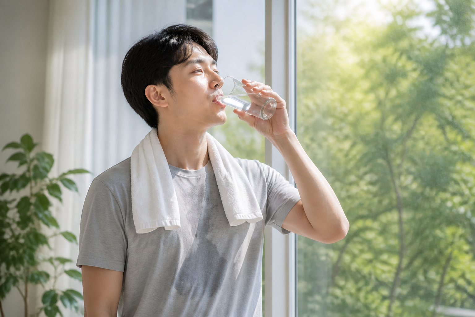 여름 창가에서 물을 천천히 마시는 한국인 성인