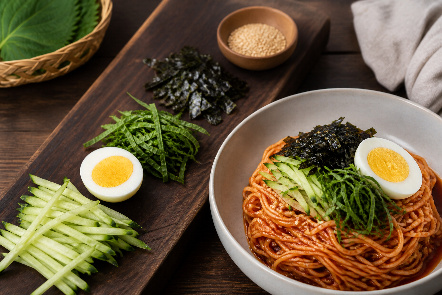 오이채와 삶은 달걀 등 비빔국수 고명