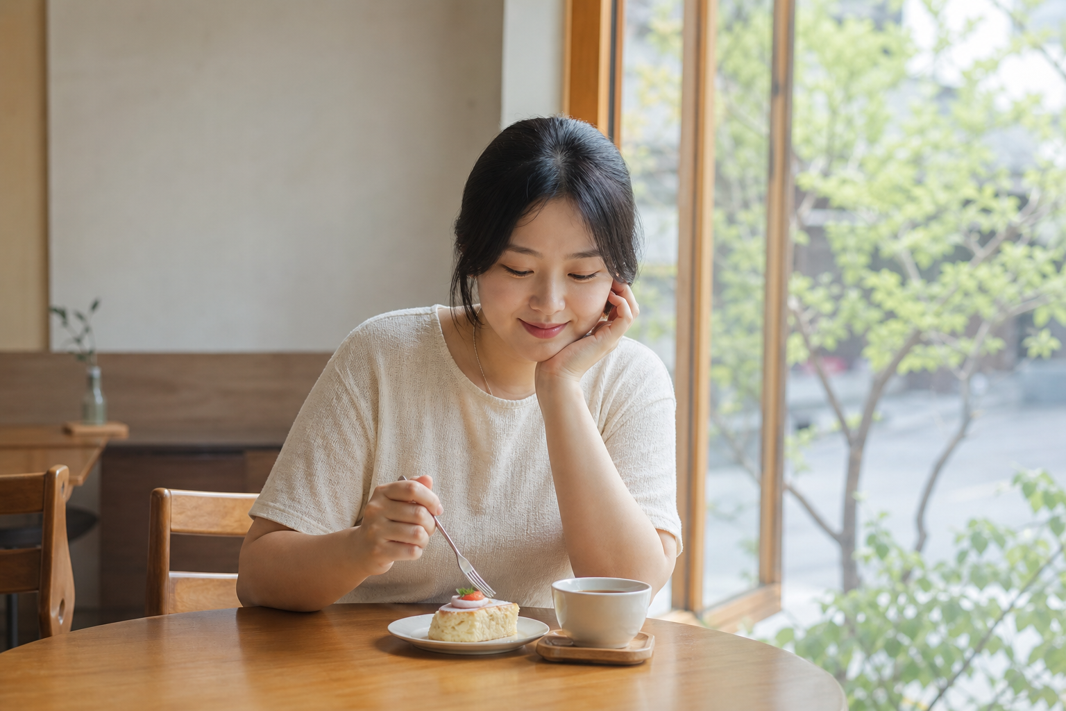 창가에서 차와 작은 디저트를 편안하게 즐기는 한국인 여성