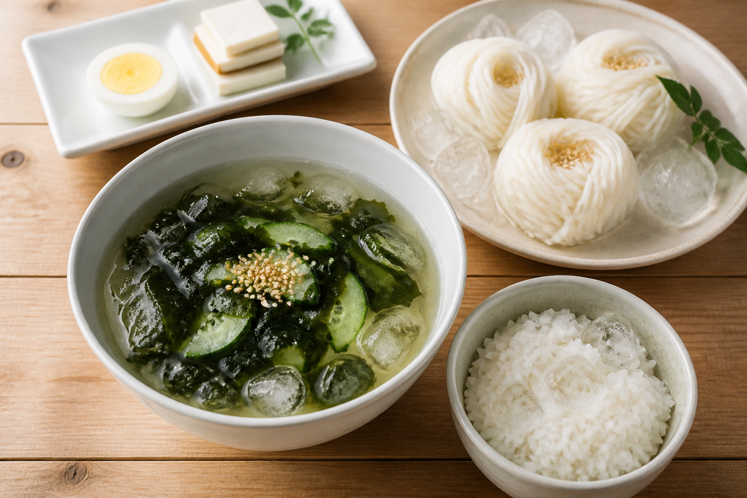 냉국과 찬밥 소면을 함께 차린 여름 식사