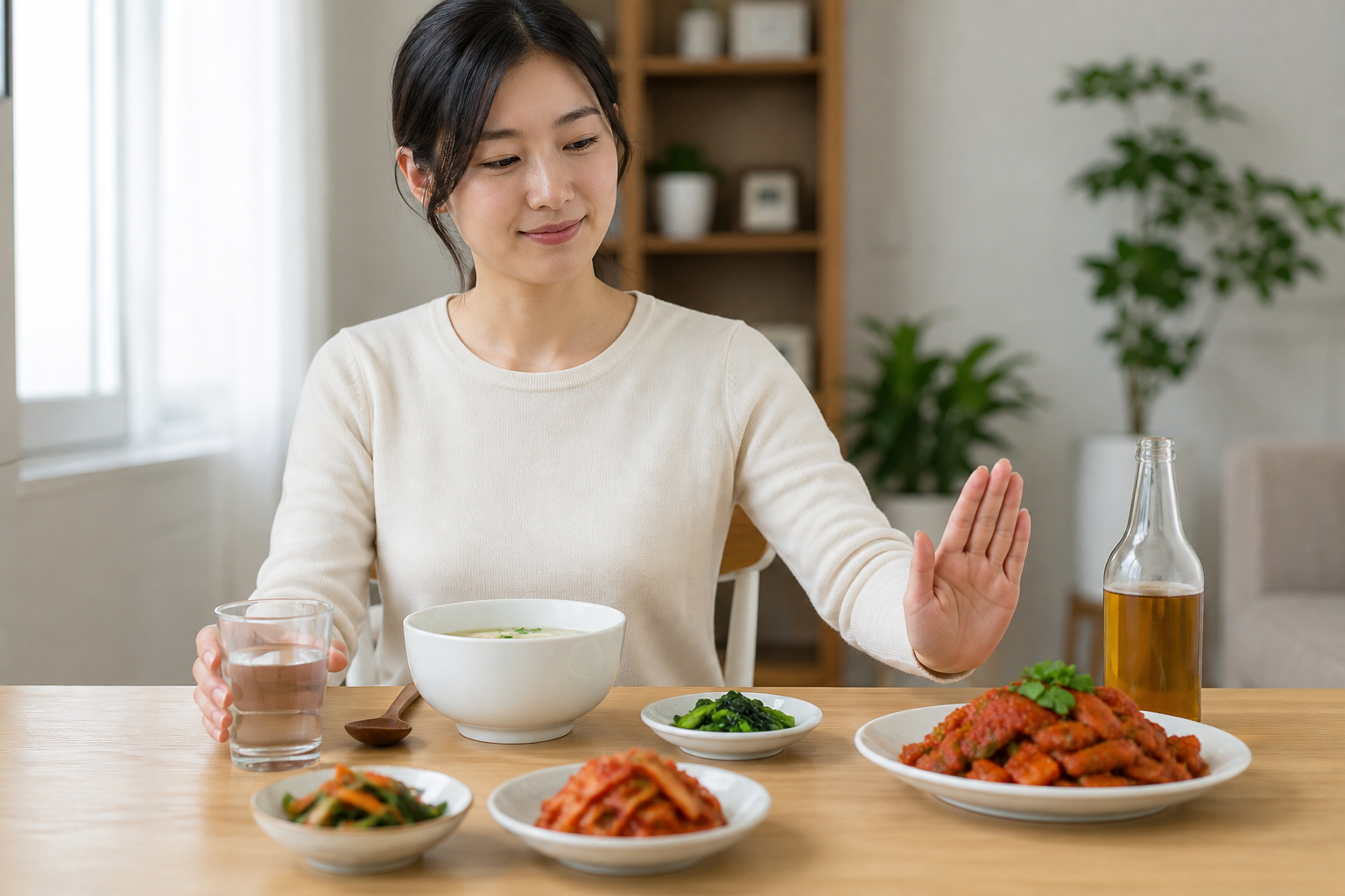 자극적인 음식 대신 순한 식사와 물을 고르는 한국인 여성