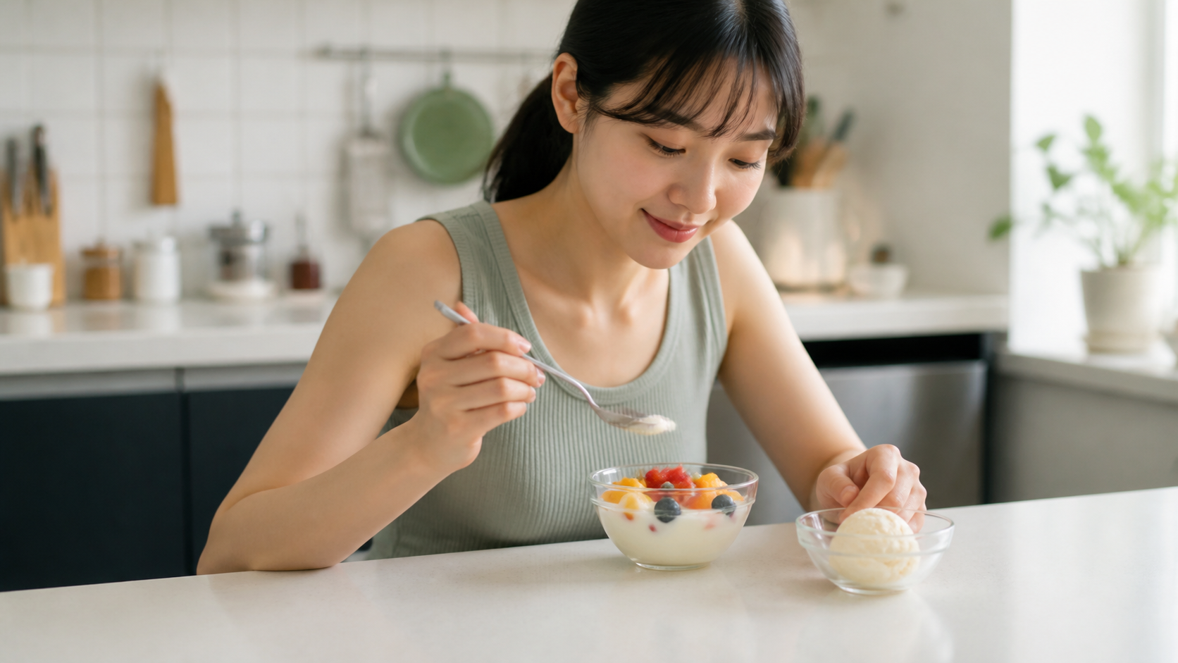 과일을 곁들인 무가당 요거트와 소량의 아이스크림을 고르는 한국인