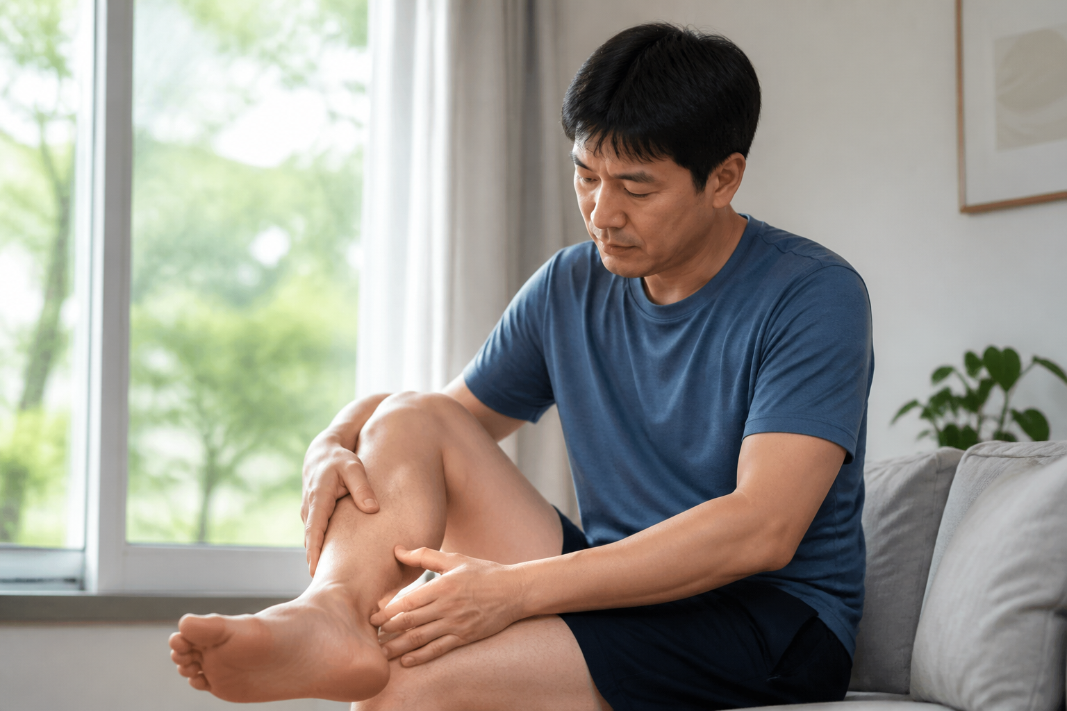 다리 감각과 근육 상태를 차분히 확인하는 모습