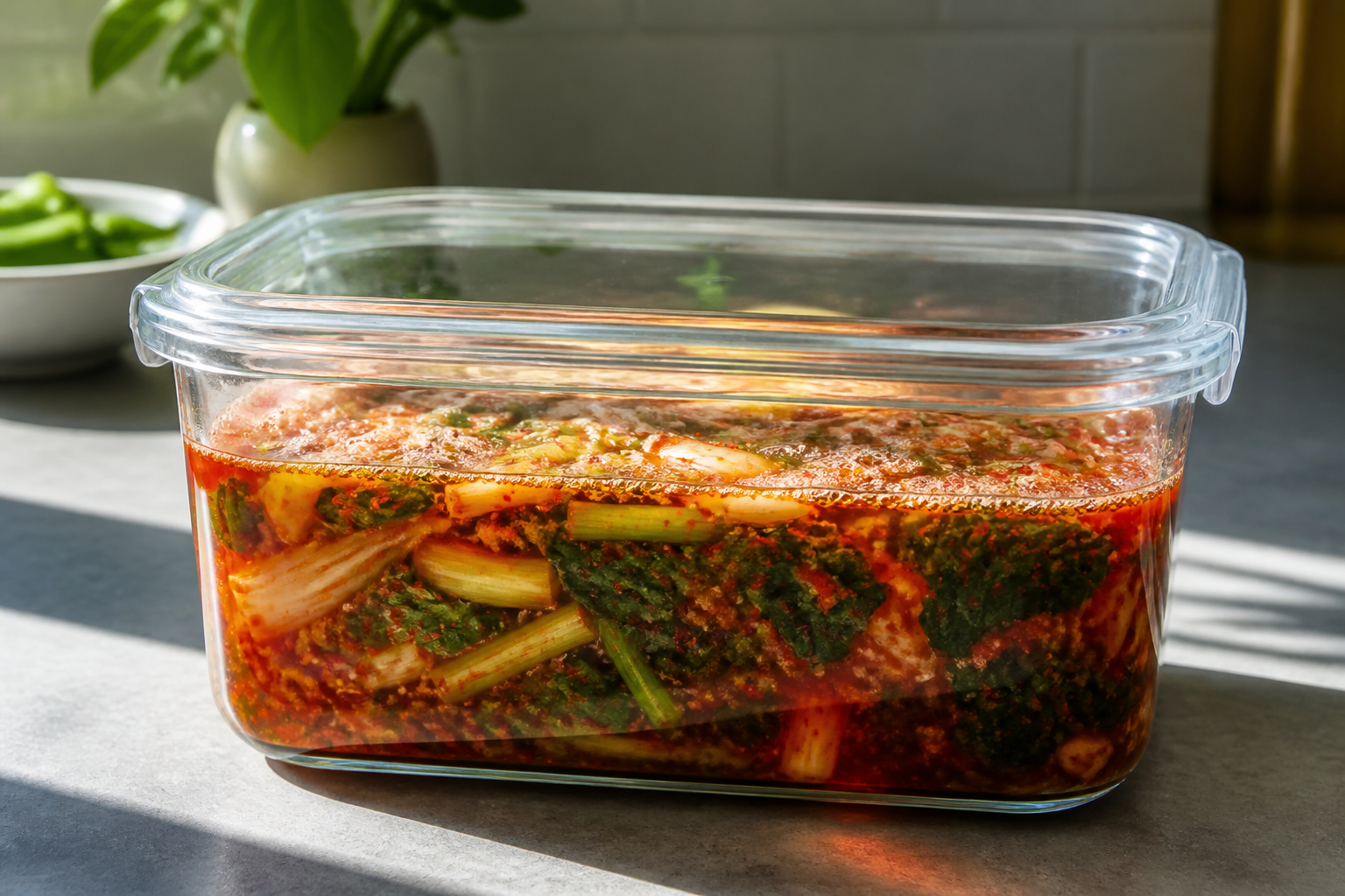 작은 발효 기포가 보이는 열무김치 보관 용기