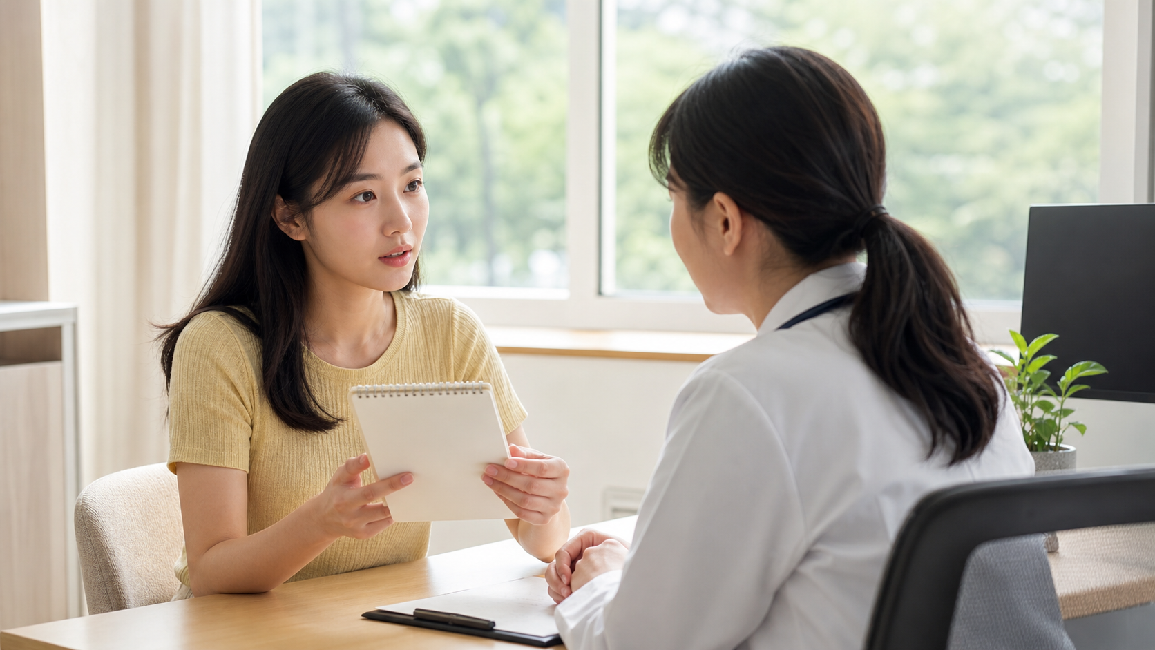 건강 기록을 보여주며 의사와 상담하는 한국인 여성