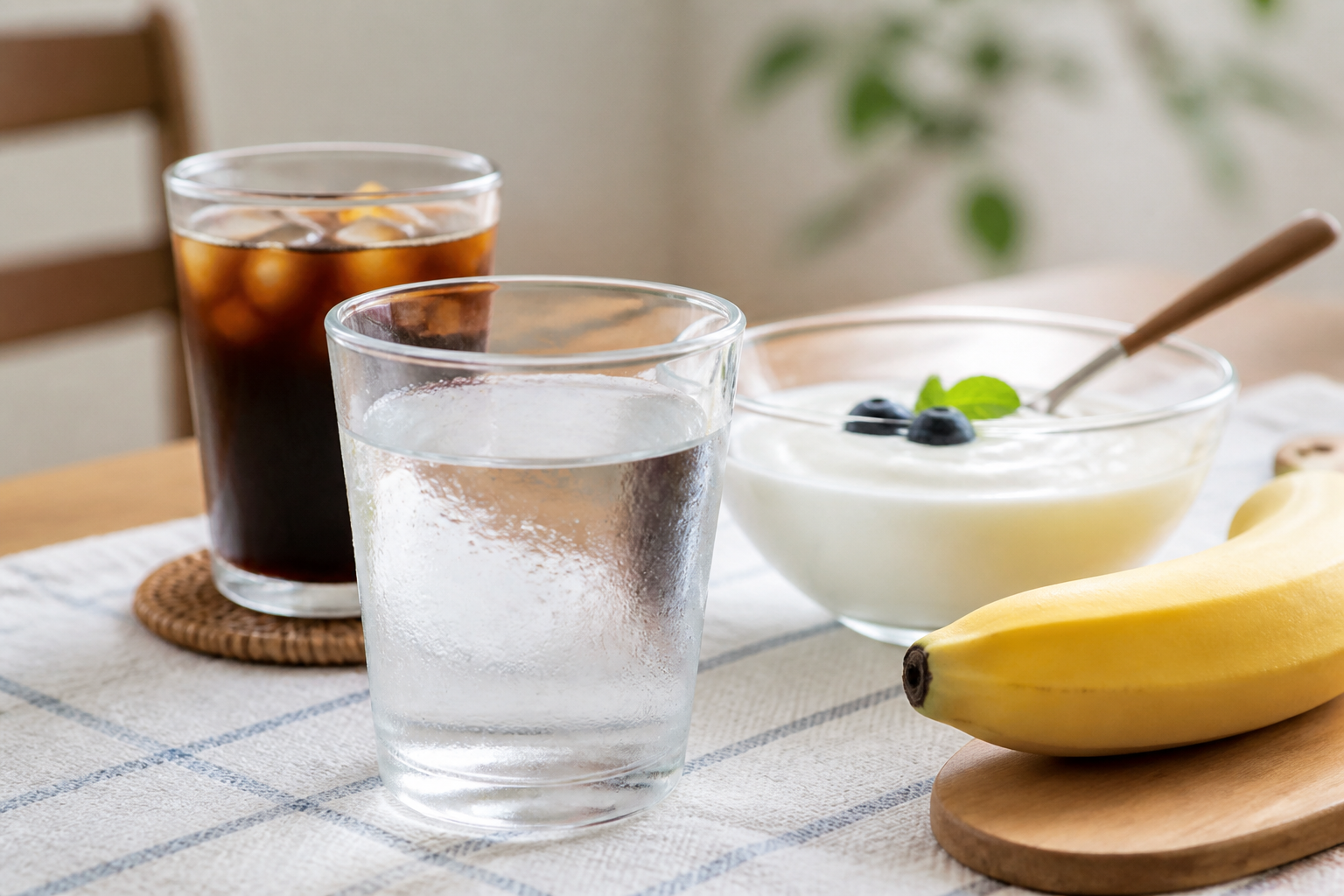 물과 바나나, 요거트 뒤에 놓인 아이스커피