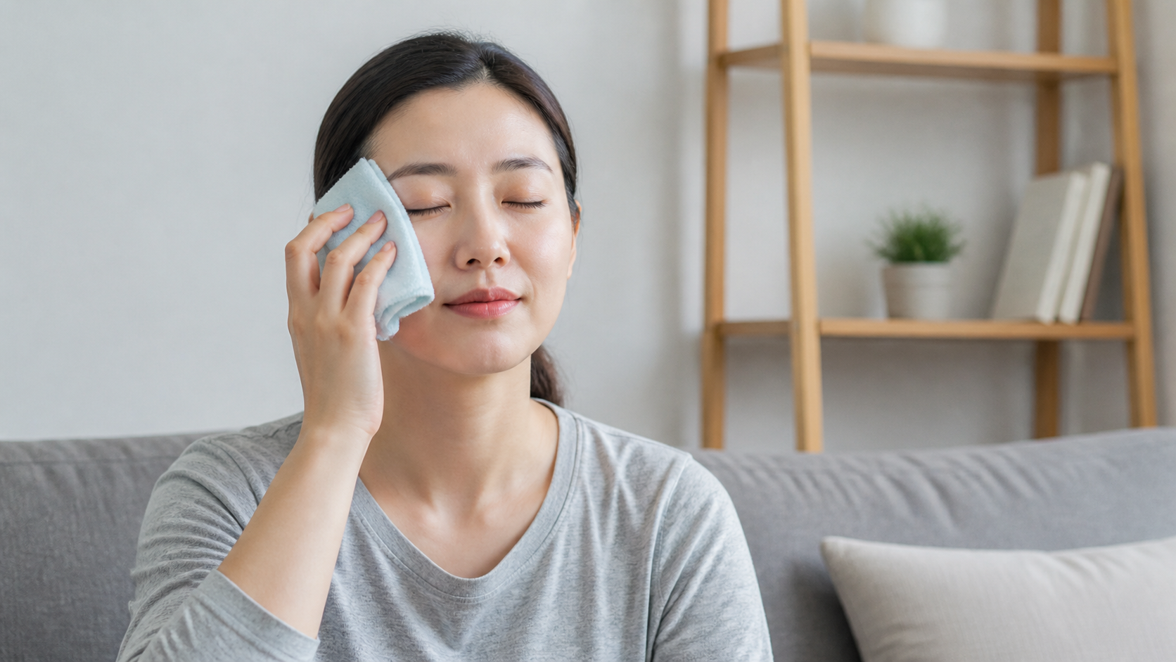 눈을 비비지 않고 깨끗한 차가운 수건을 눈꺼풀에 대는 사람