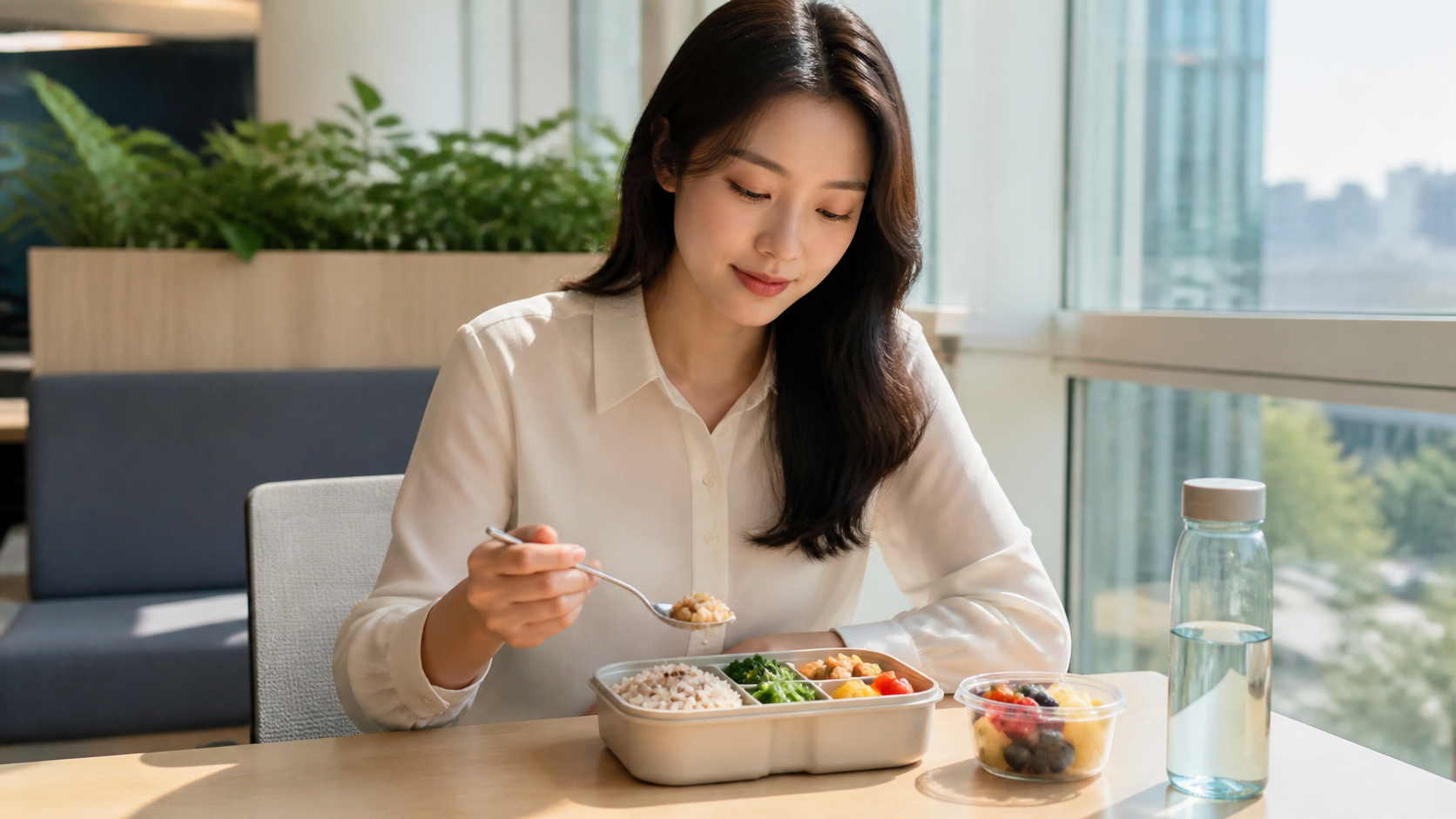 회식 전 균형 잡힌 가벼운 점심을 먹는 직장인