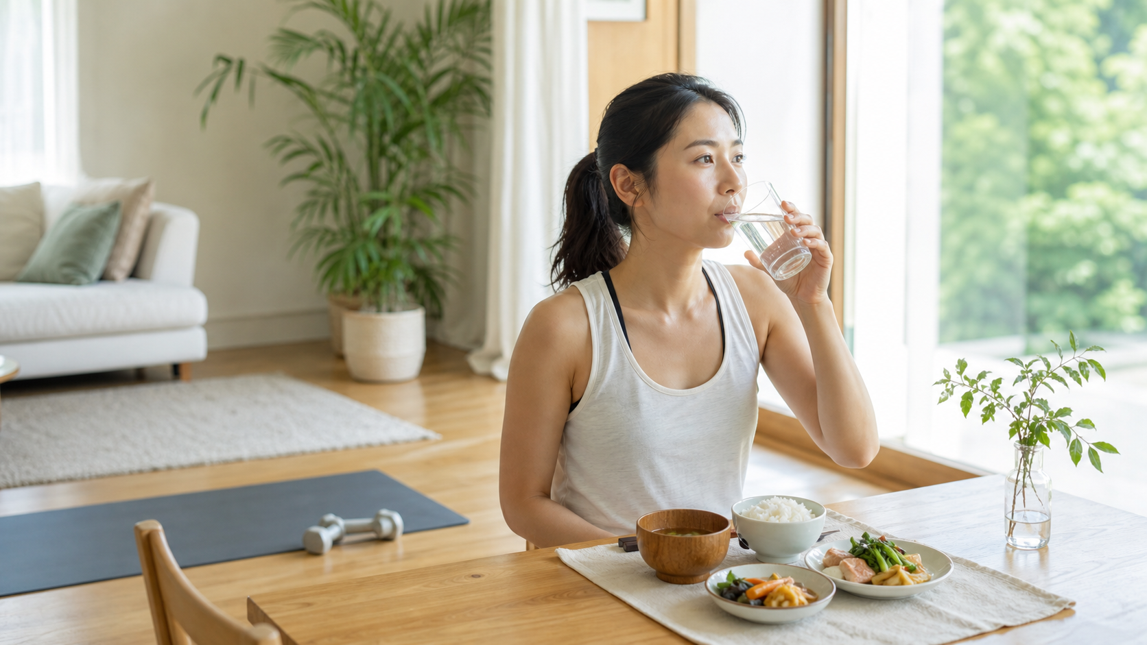 운동 후 물을 마시며 균형 잡힌 식사를 준비하는 한국인