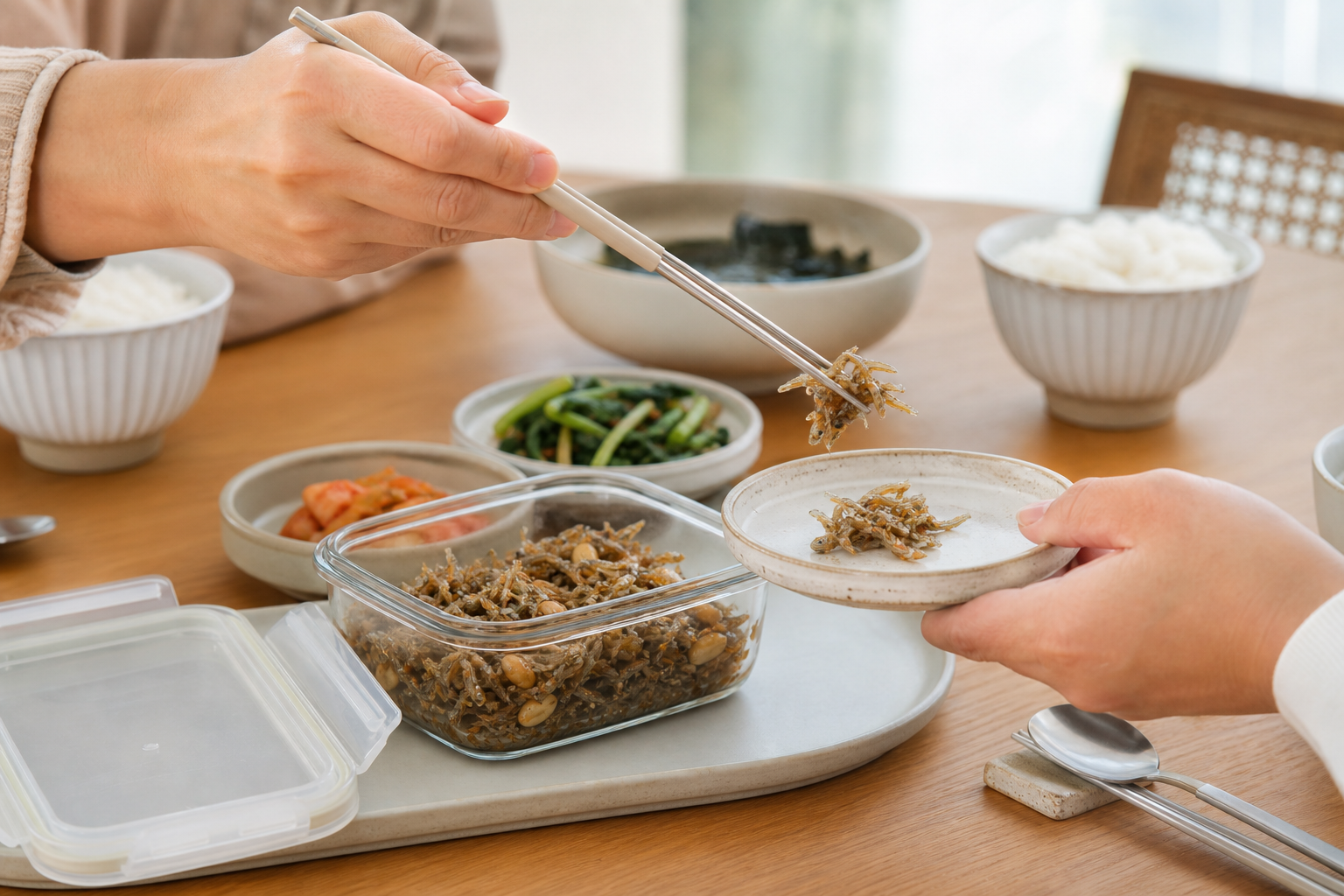 반찬을 작은 접시에 덜어 담는 모습