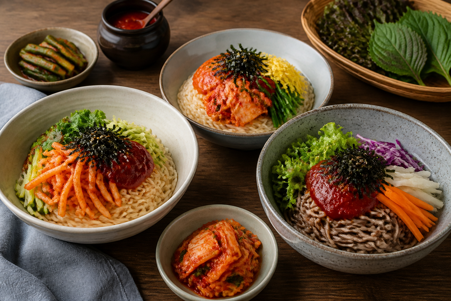 열무김치와 배추김치를 활용한 비빔국수 세 가지