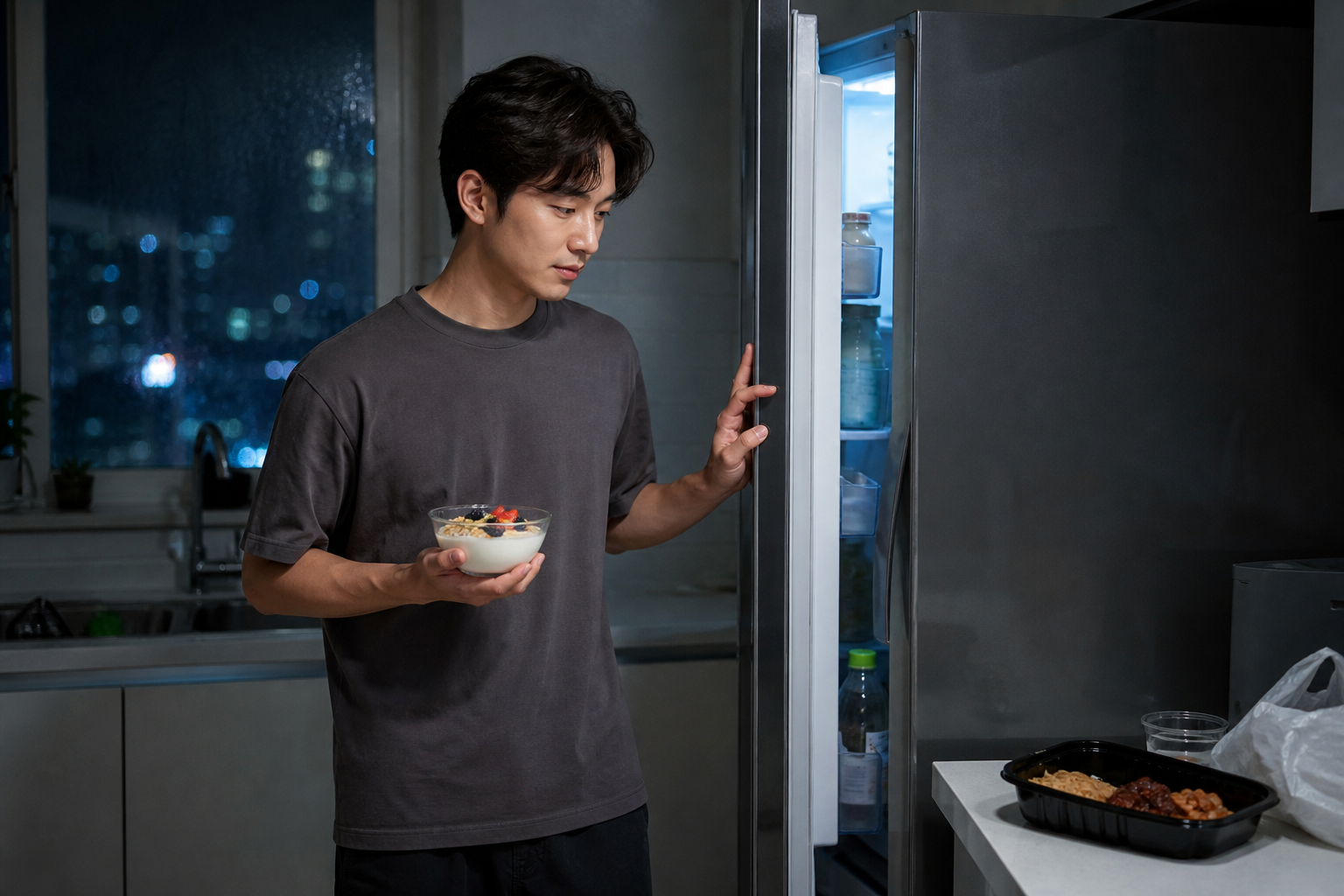 여름밤 주방에서 과일과 요구르트를 소량 준비하는 한국인 남성