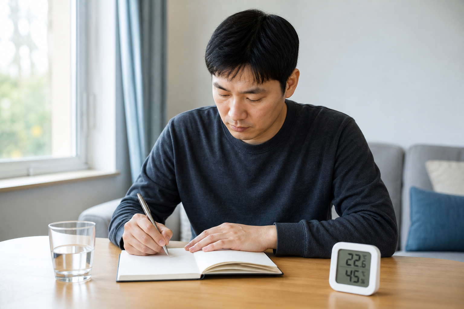 습도계 옆 수첩에 코 상태를 기록하는 한국인 성인