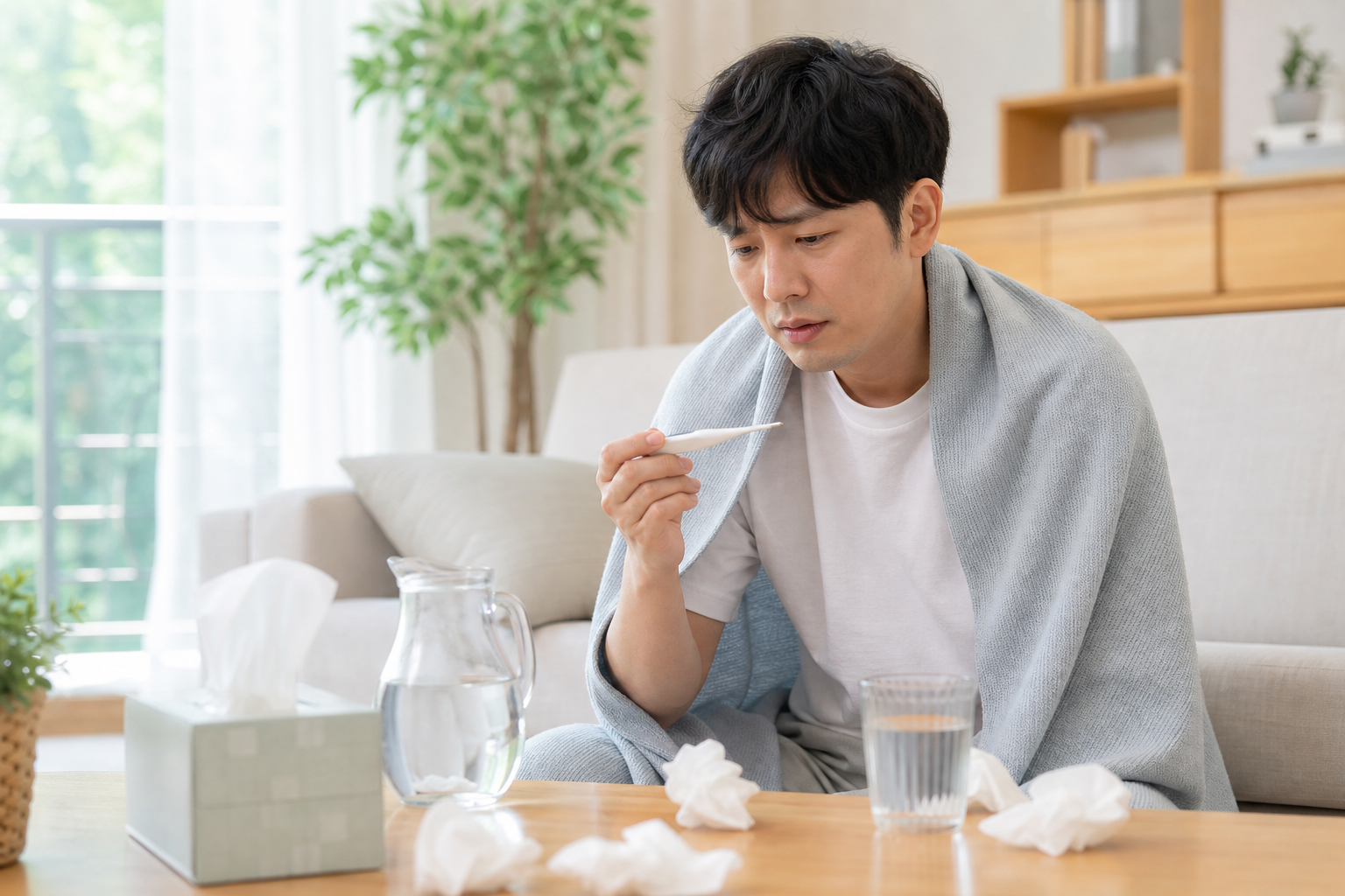 집에서 체온을 확인하며 쉬는 한국인 남성