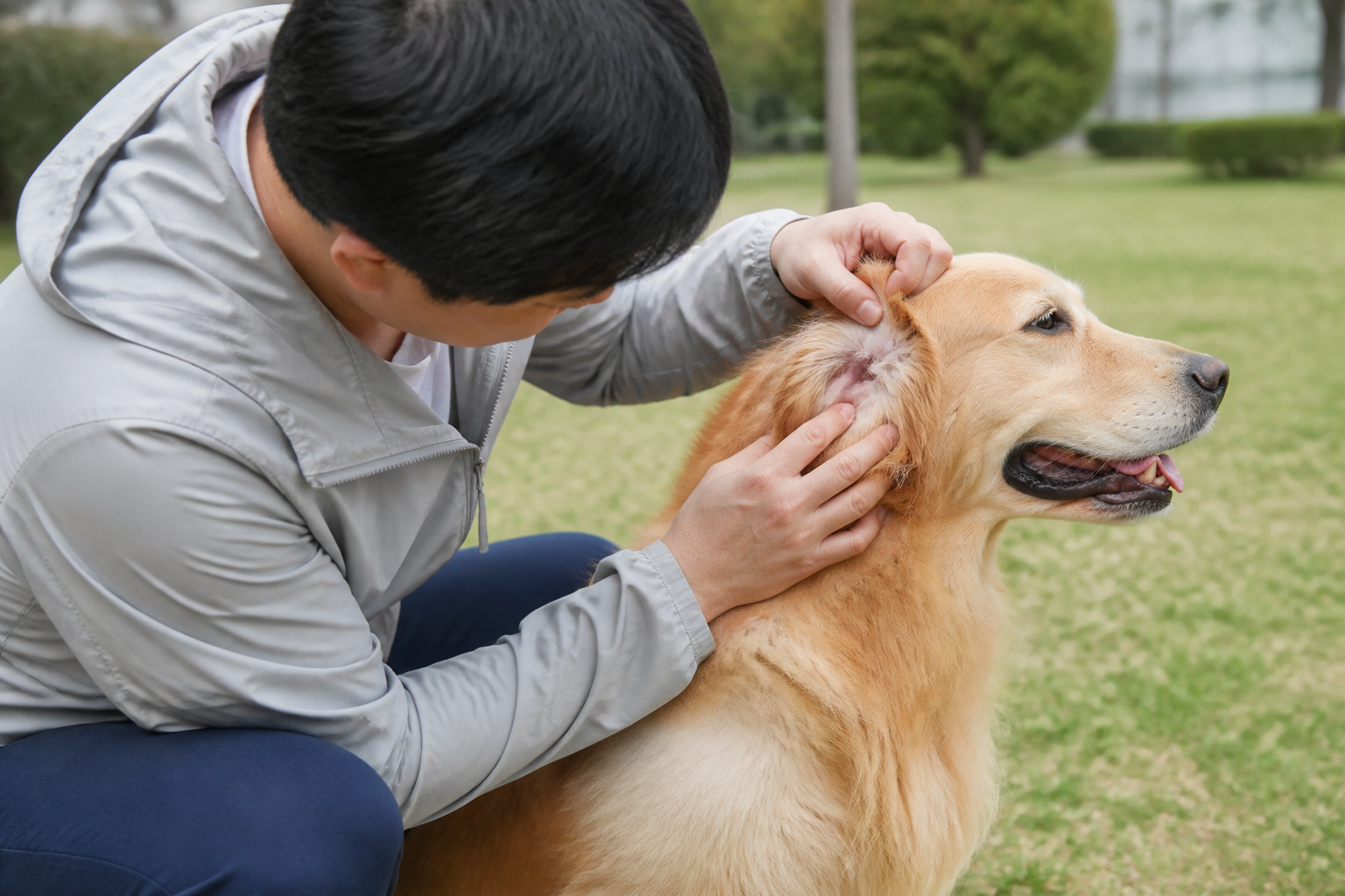 산책 후 강아지의 귀와 목 주변 털을 확인하는 보호자