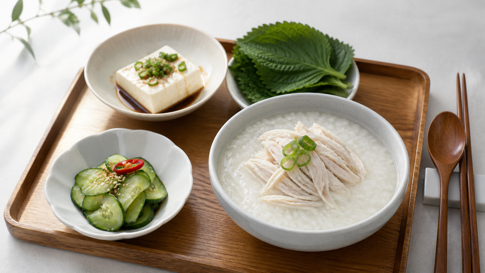 닭고기죽과 오이무침, 깻잎, 두부로 차린 작은 여름 식사