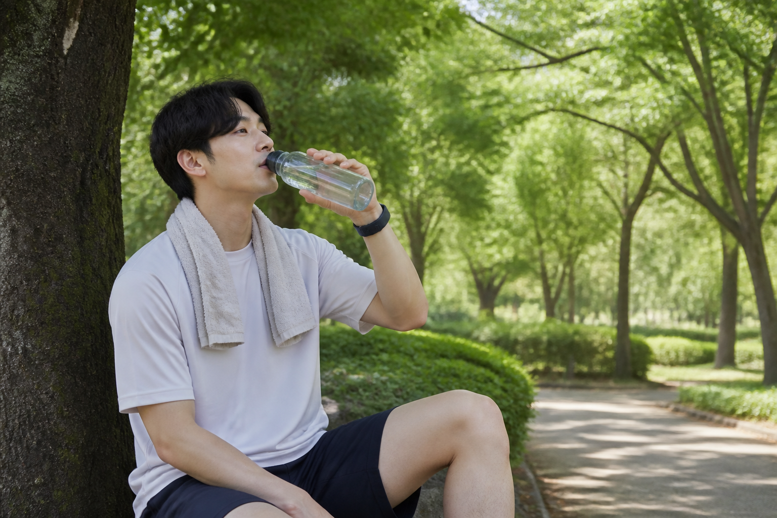그늘에서 물을 마시는 한국인