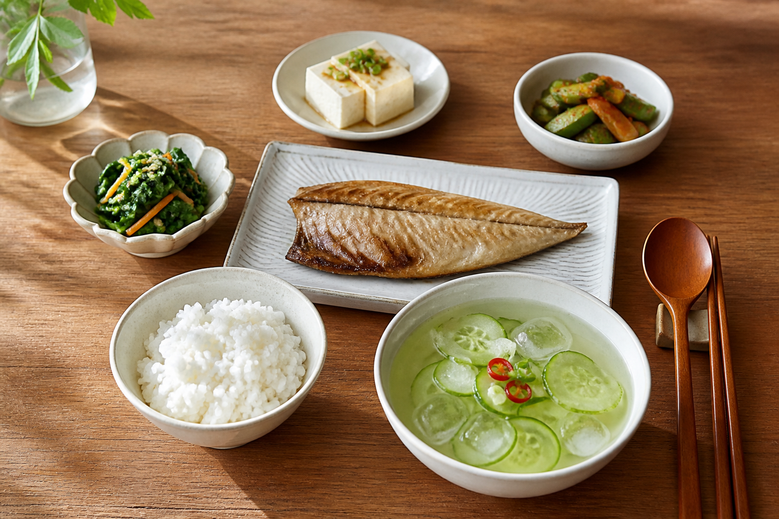 밥과 생선구이, 두부, 채소, 오이냉국으로 차린 여름 식사