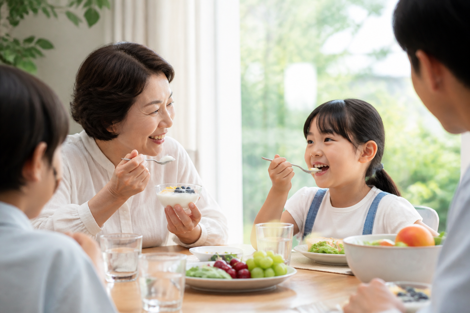 아이와 어르신이 함께 부드러운 음식을 먹는 여름 아침 식탁