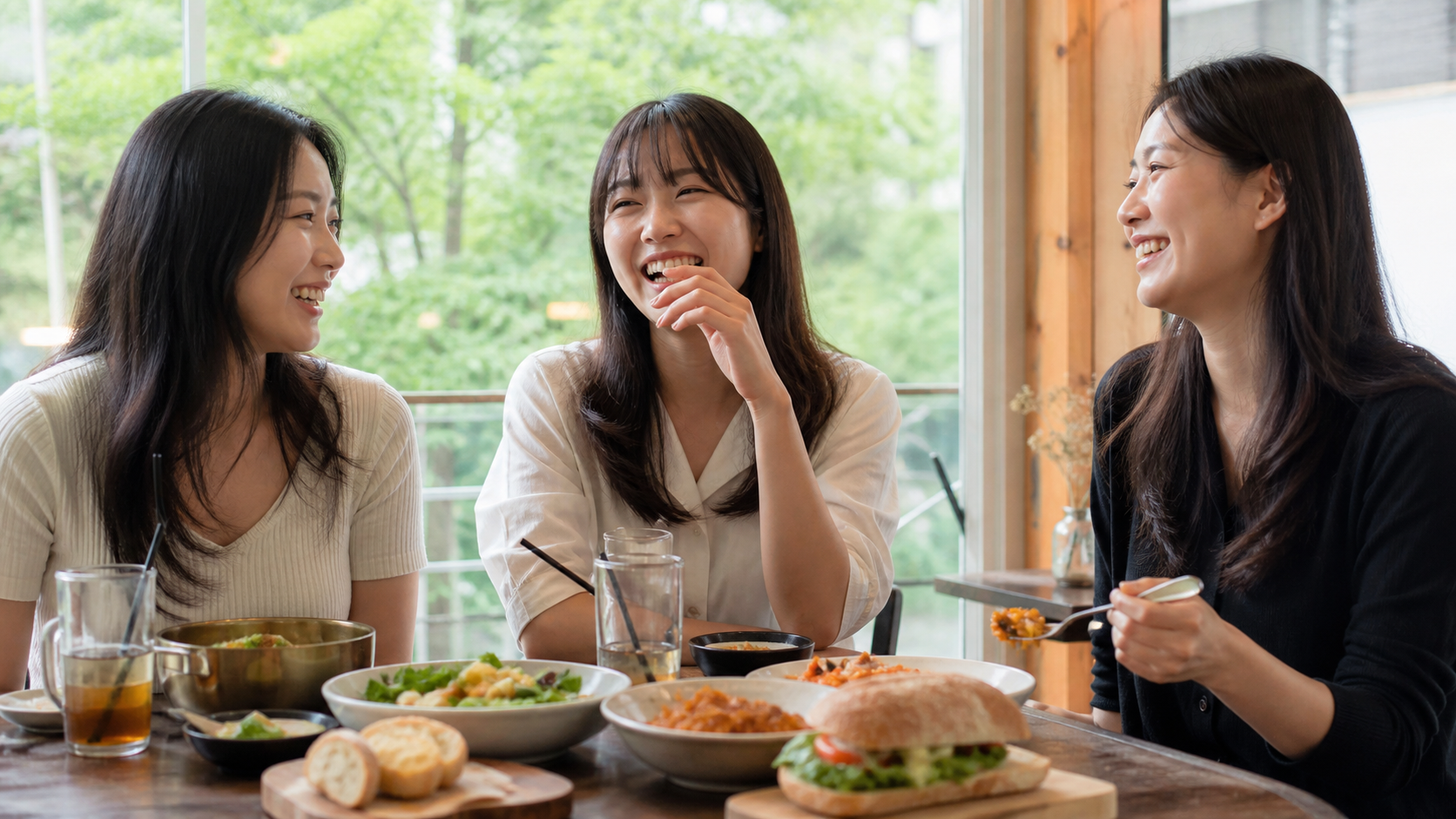 여름 식당에서 편안하게 웃으며 식사하는 친구들