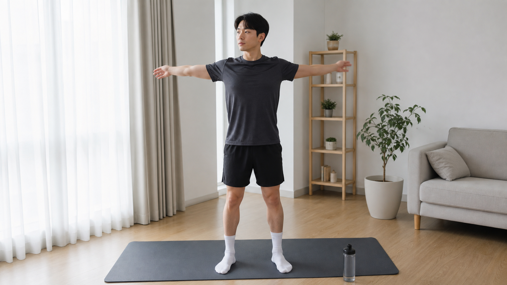 홈트레이닝 전 가볍게 준비 운동을 하는 한국인