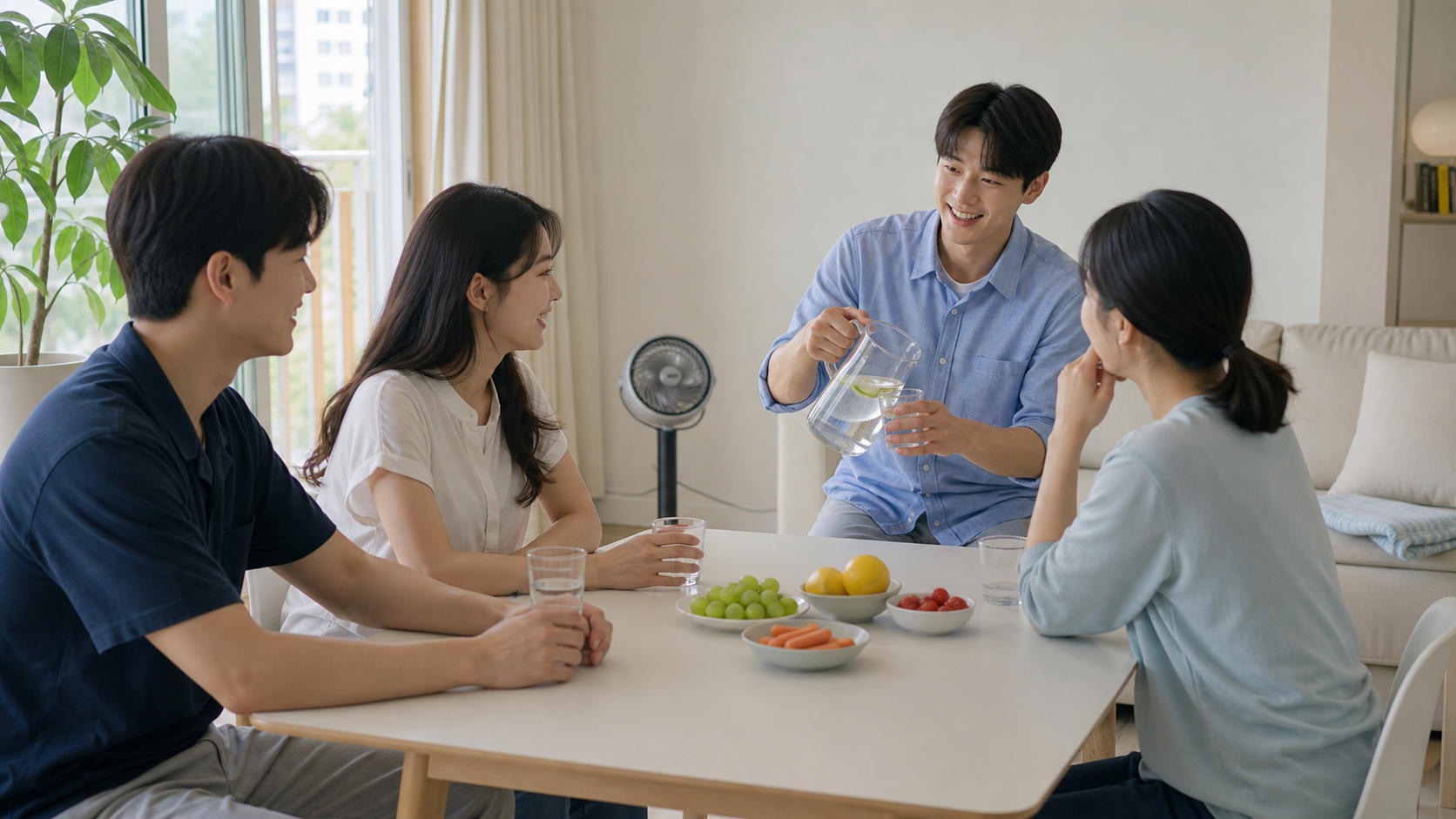 시원한 거실에서 물을 마시며 대화하는 한국인 손님들