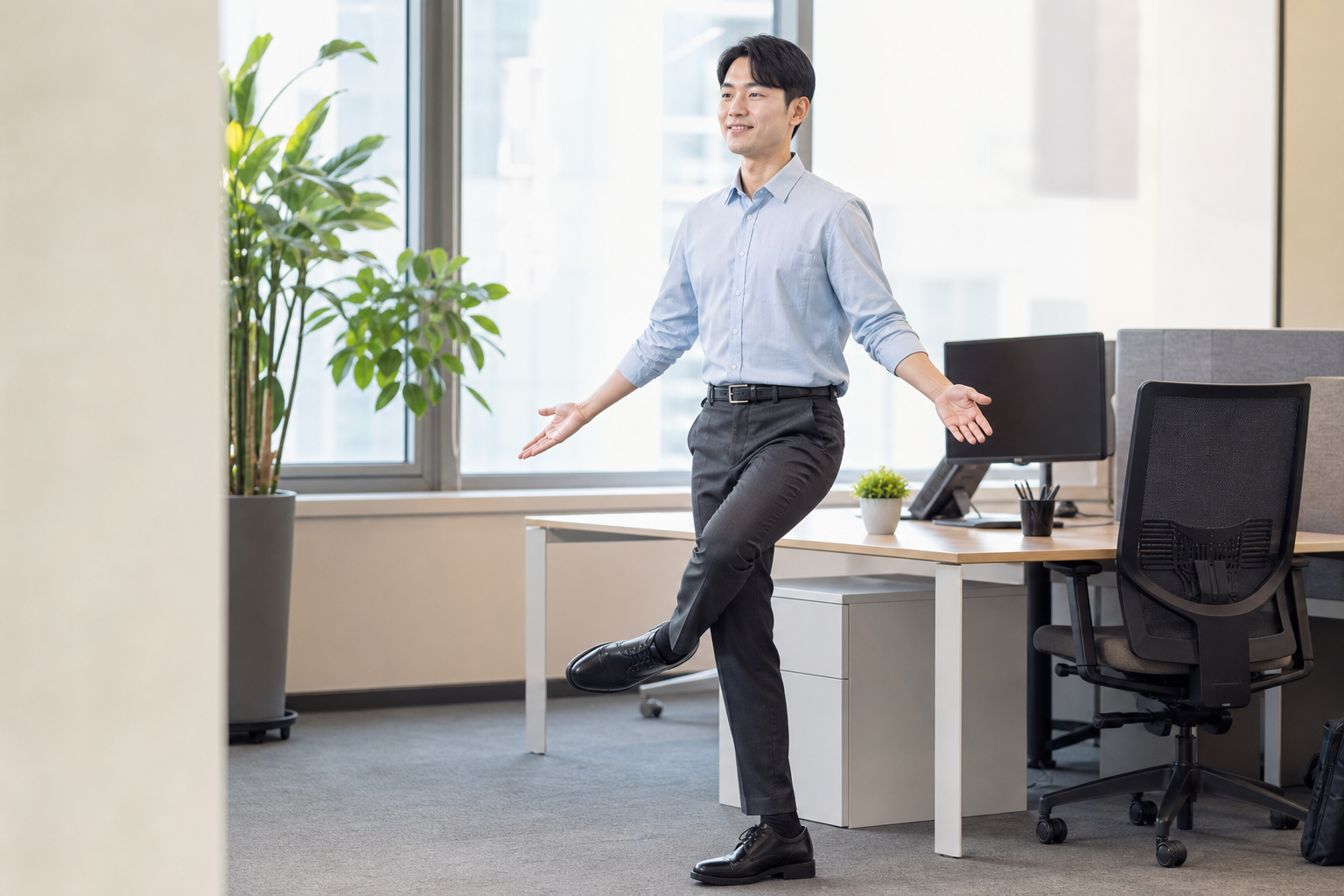 사무실에서 발목을 부드럽게 움직이는 한국인 직장인