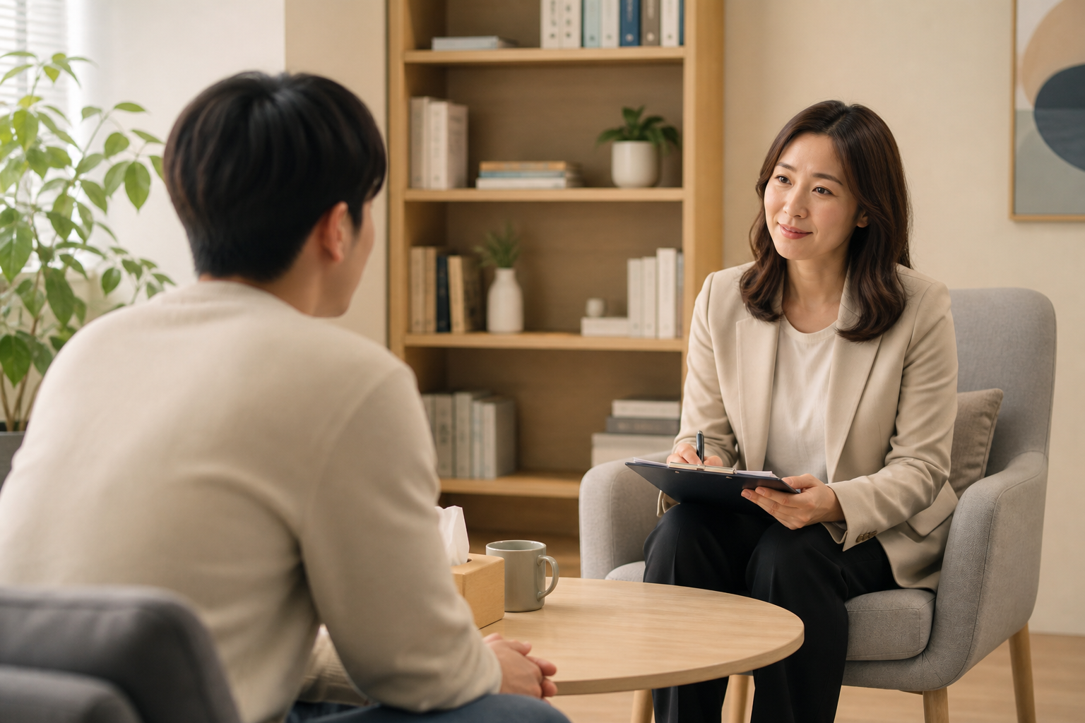 따뜻한 상담실에서 전문가와 대화하는 한국인 성인