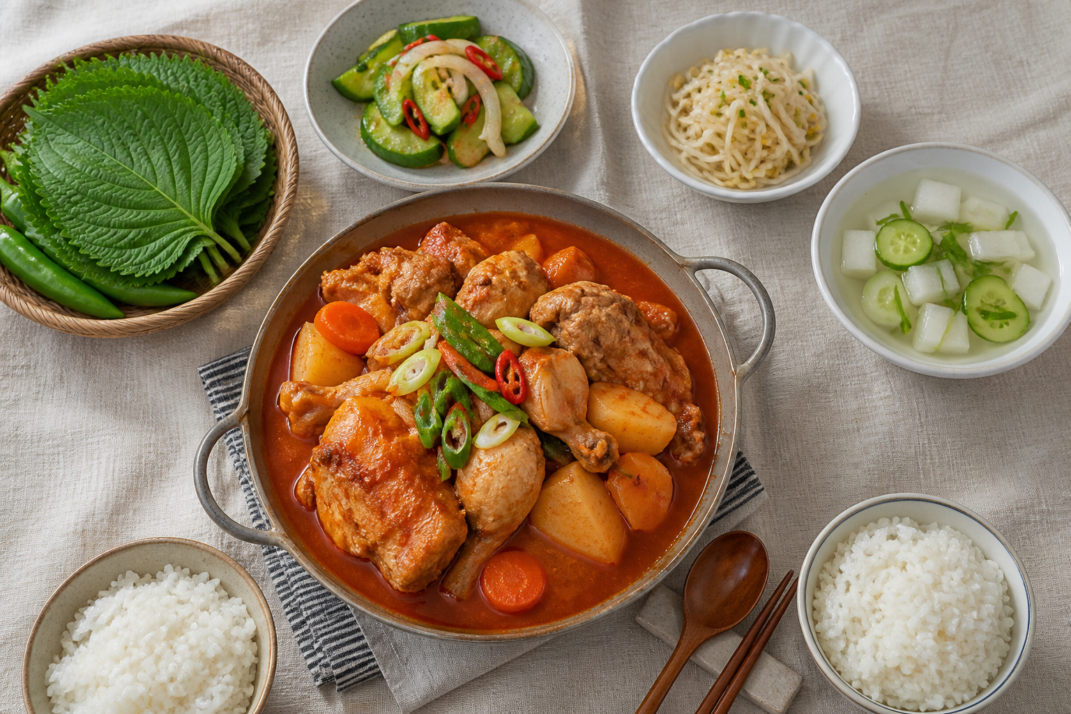 흰밥 물김치 나물과 함께 차린 닭볶음탕 상차림