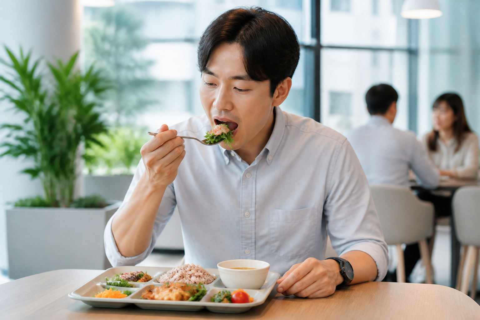 밝은 휴게 공간에서 차분히 점심을 먹는 한국인 직장인