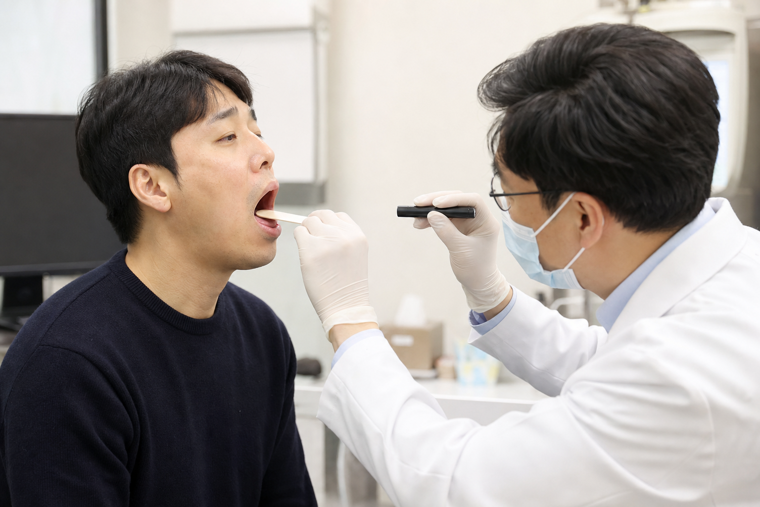 병원에서 목을 진료받는 모습