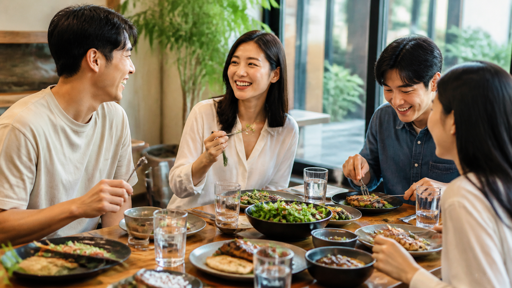 채소와 단백질 요리를 함께 즐기는 한국인들의 여름 모임