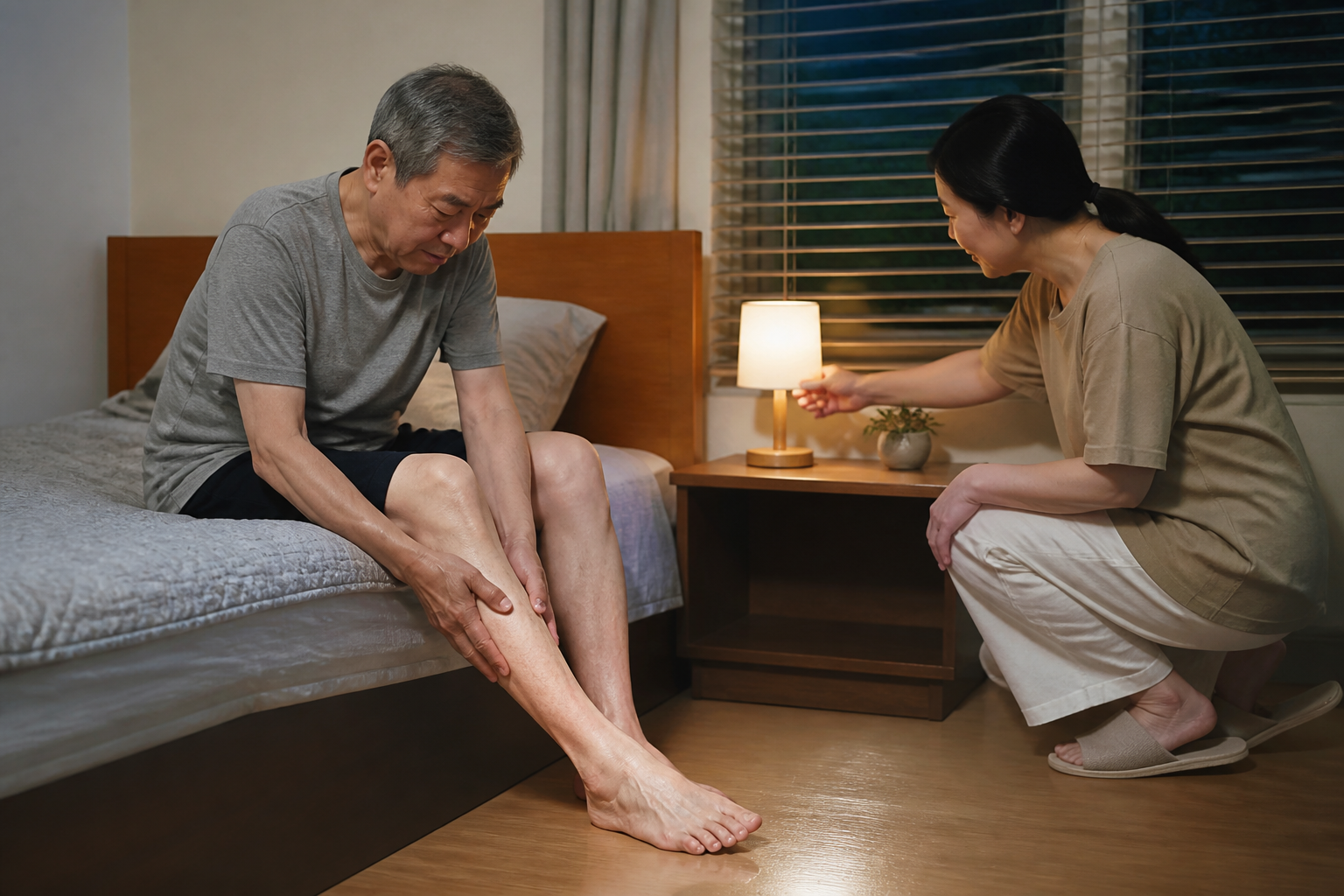 안전한 침실에서 다리를 돌보는 한국인 어르신