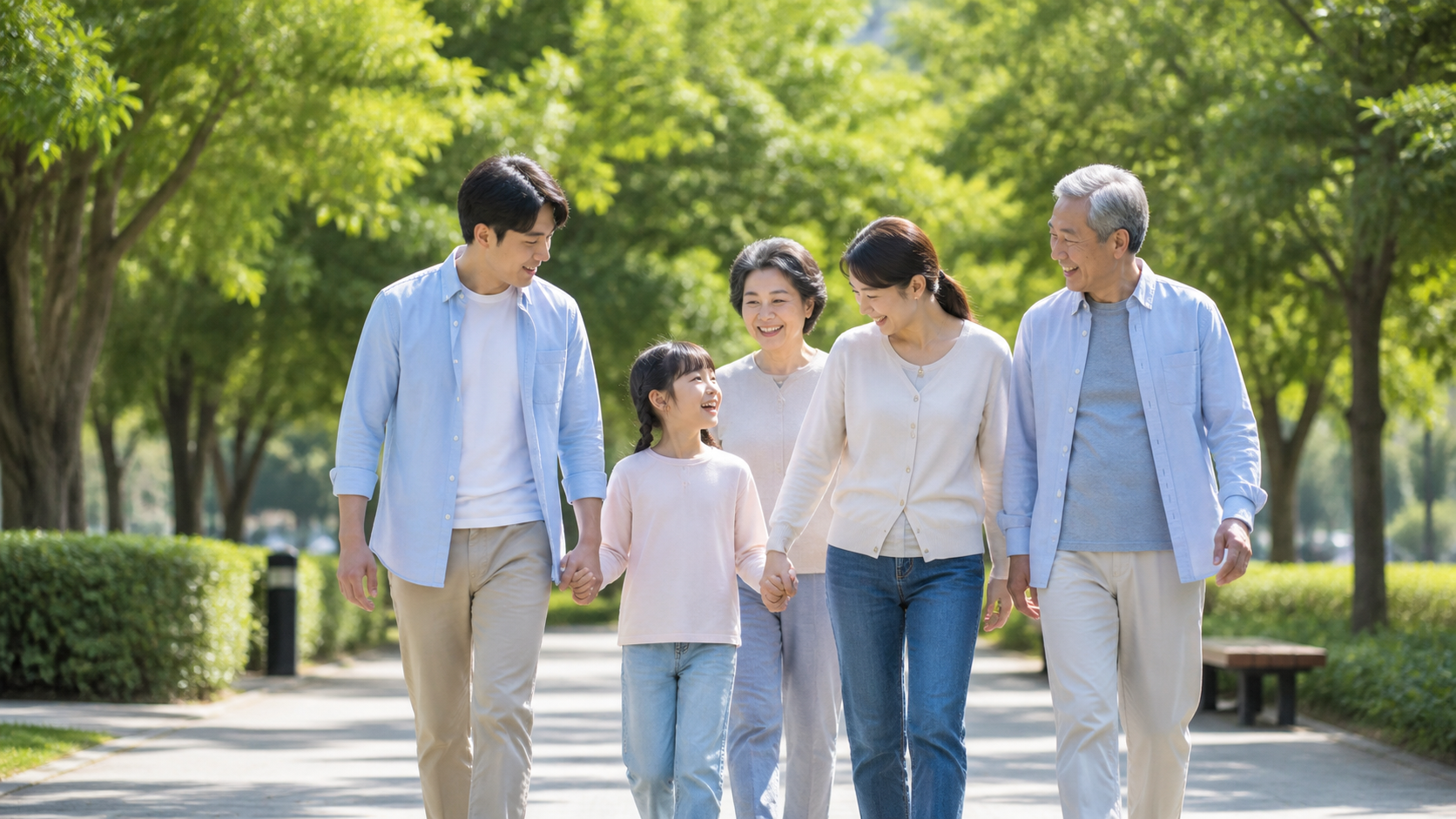 여름 공원에서 함께 걷는 여러 세대의 한국인 가족