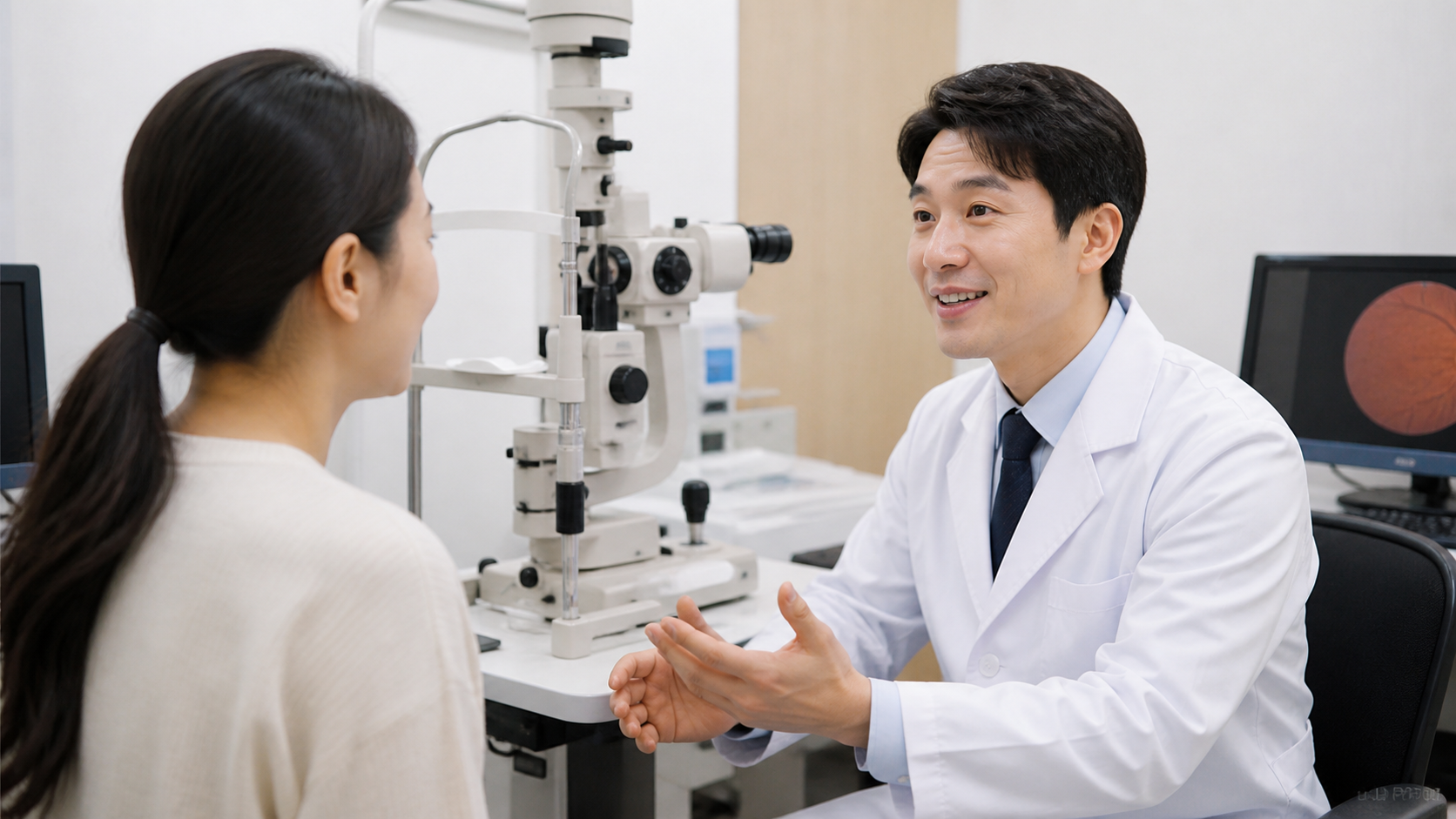 안과 검사 장비 옆에서 환자와 상담하는 안과 의사