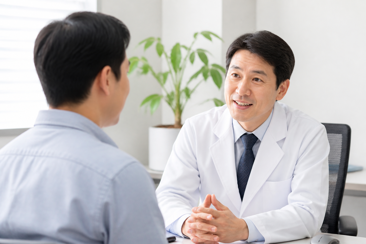 밝은 진료실에서 수면 문제를 상담하는 한국인 환자와 의사