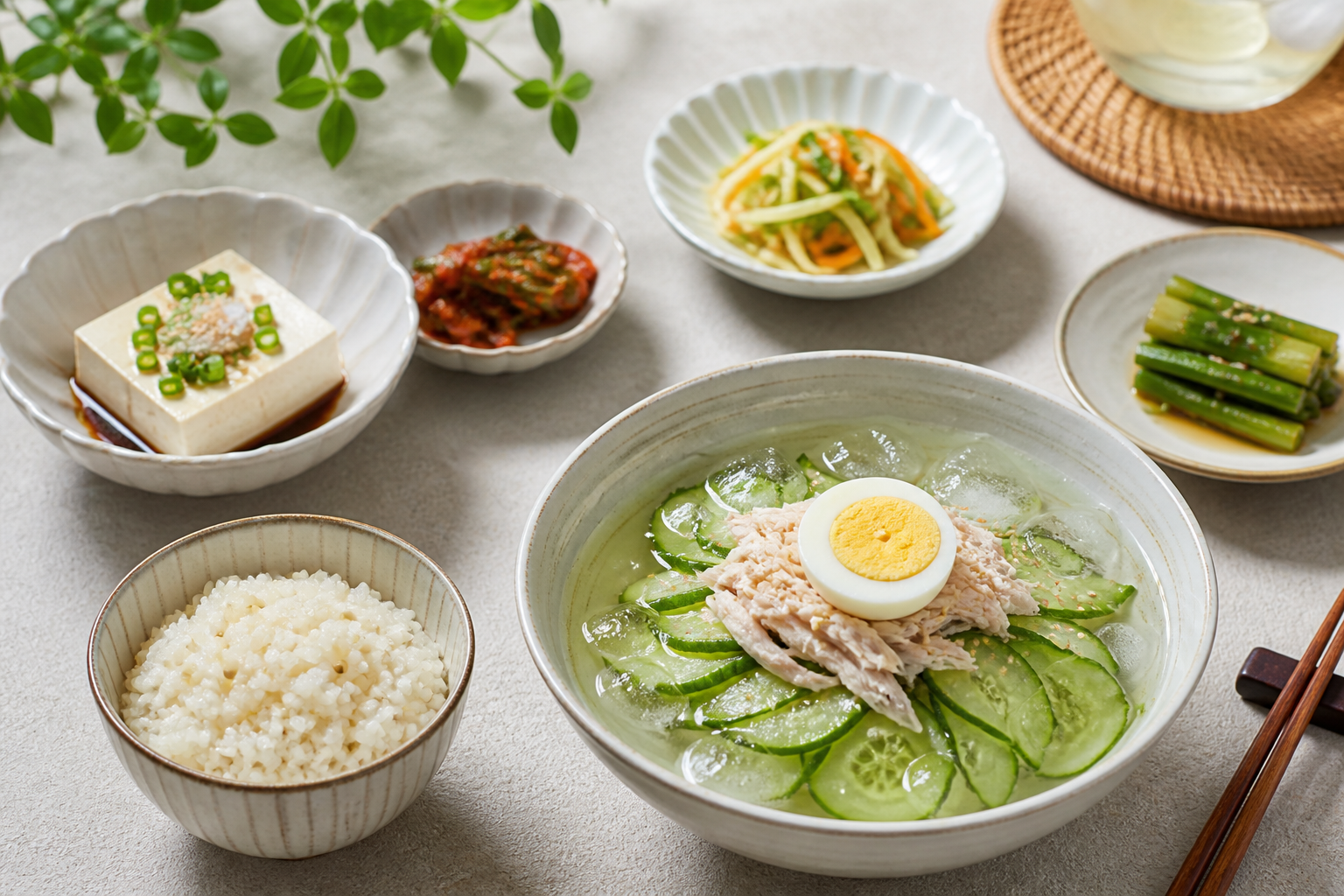 두부 달걀 닭고기와 채소로 구성한 여름 밥상