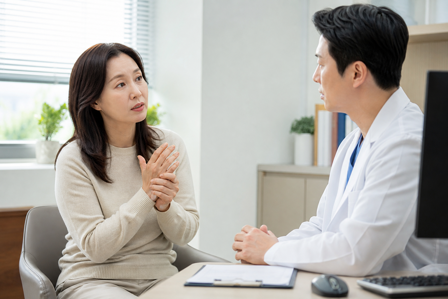 진료실에서 손발 저림 증상을 상담하는 한국인 환자와 의사