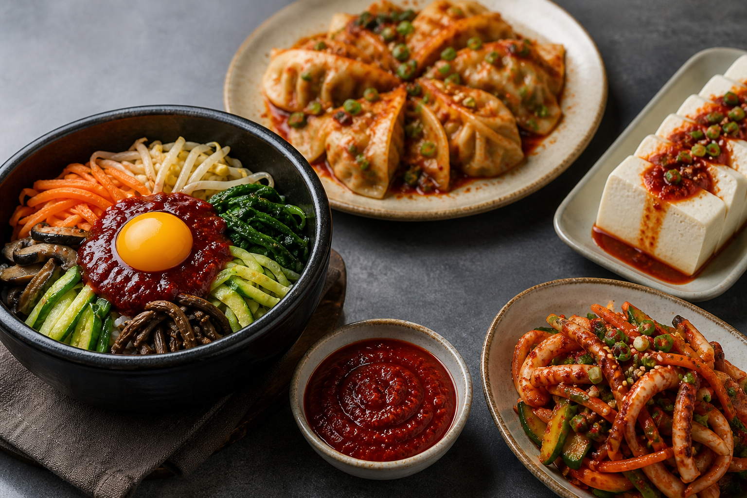비빔장으로 만든 비빔밥과 만두 두부 무침 요리
