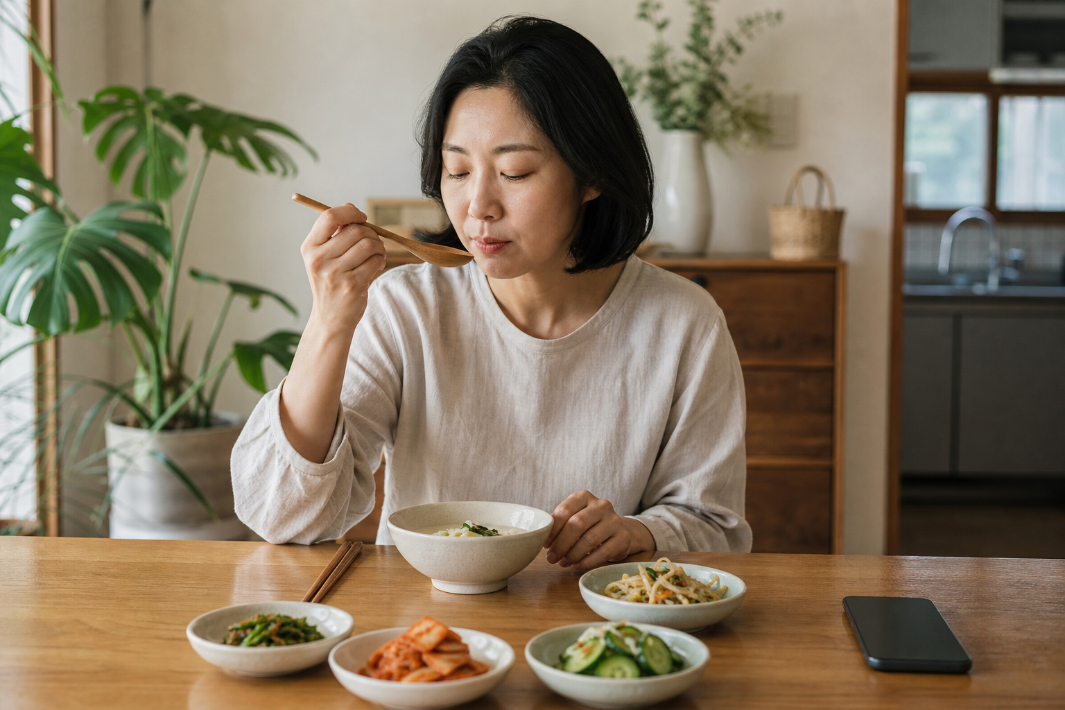휴대전화를 내려놓고 여름 식사를 천천히 하는 한국인 여성