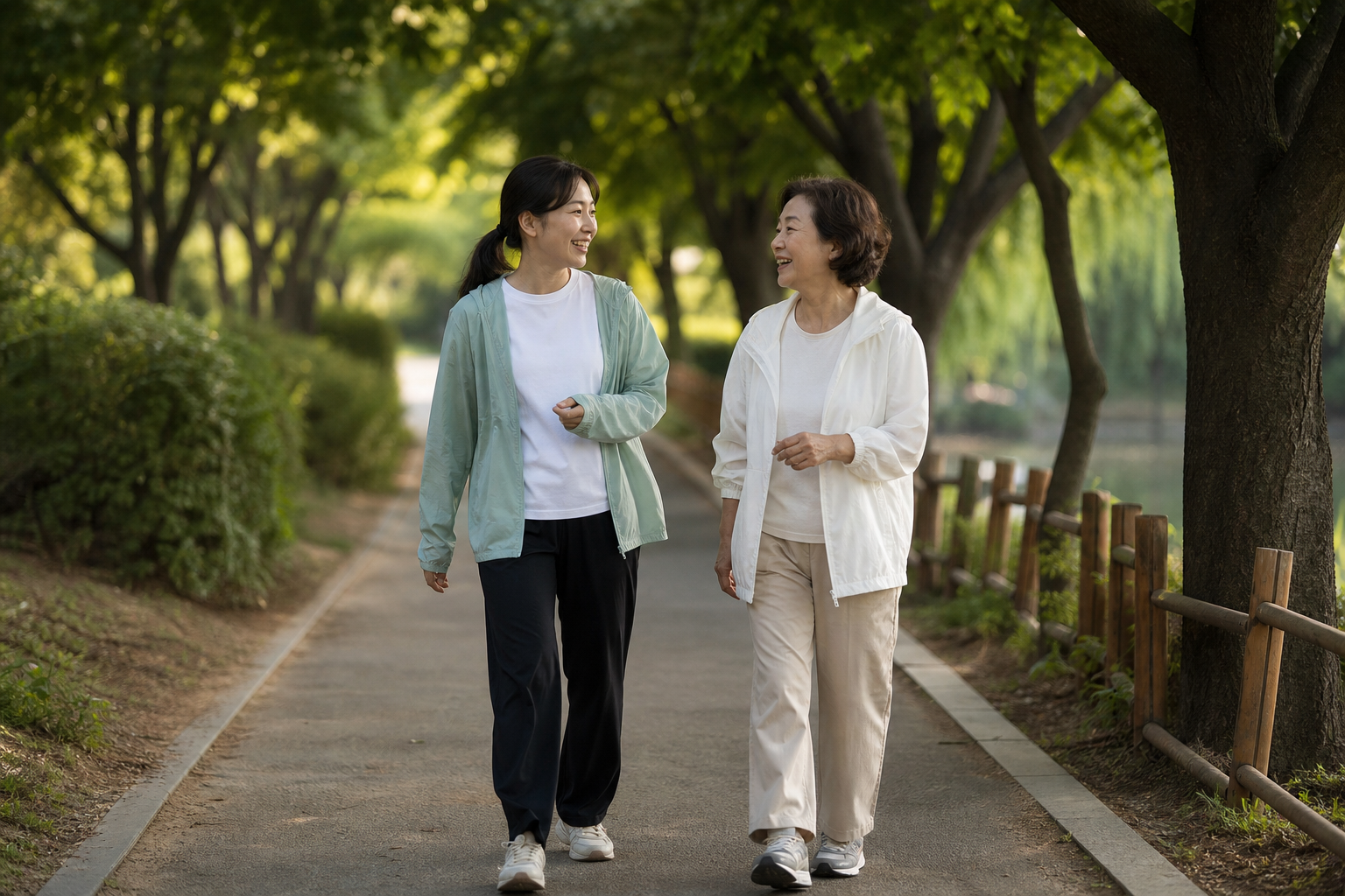 그늘진 여름 공원길을 함께 걷는 한국인 친구 두 명