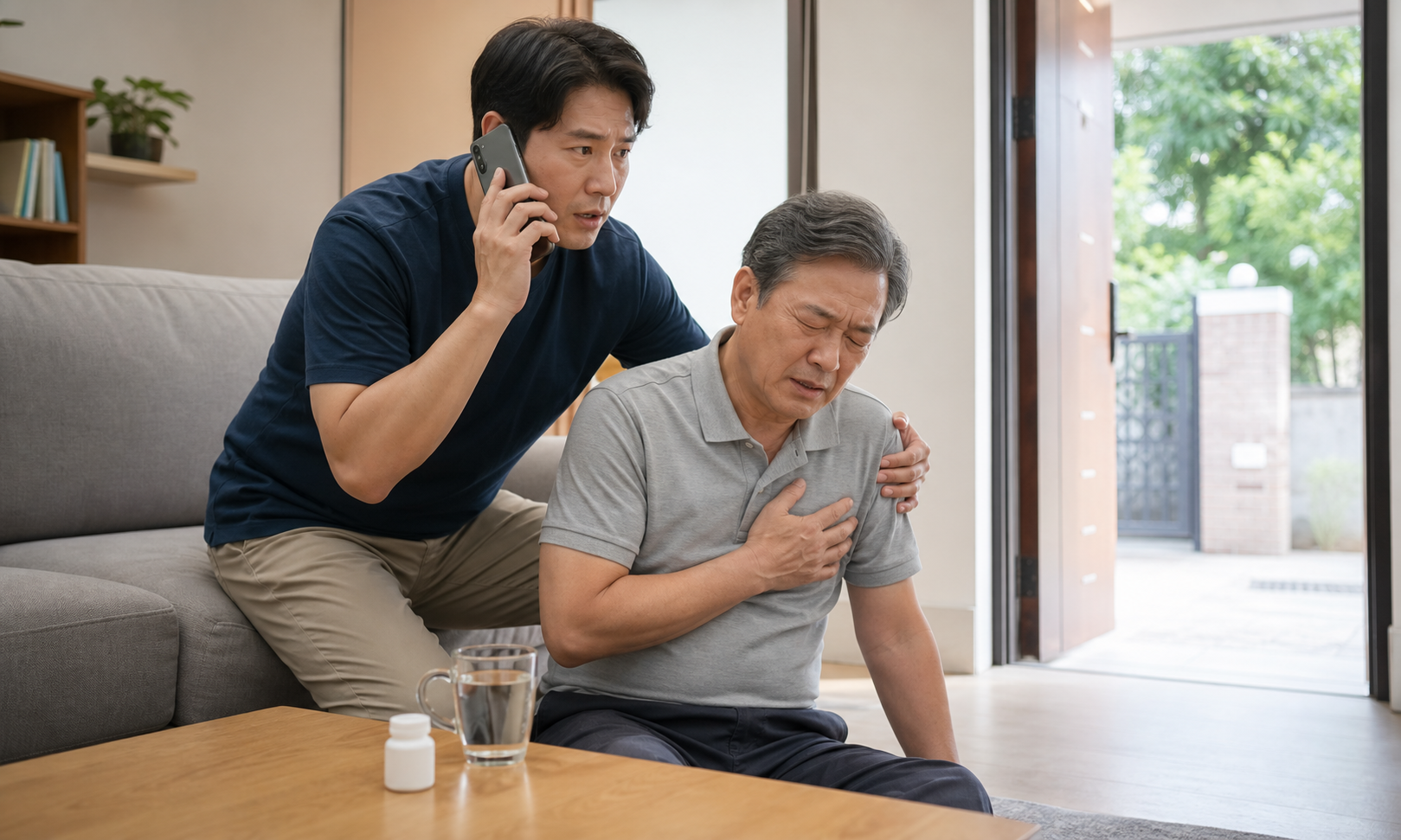 가슴 불편감을 호소하는 가족 곁에서 응급전화를 거는 한국인 성인