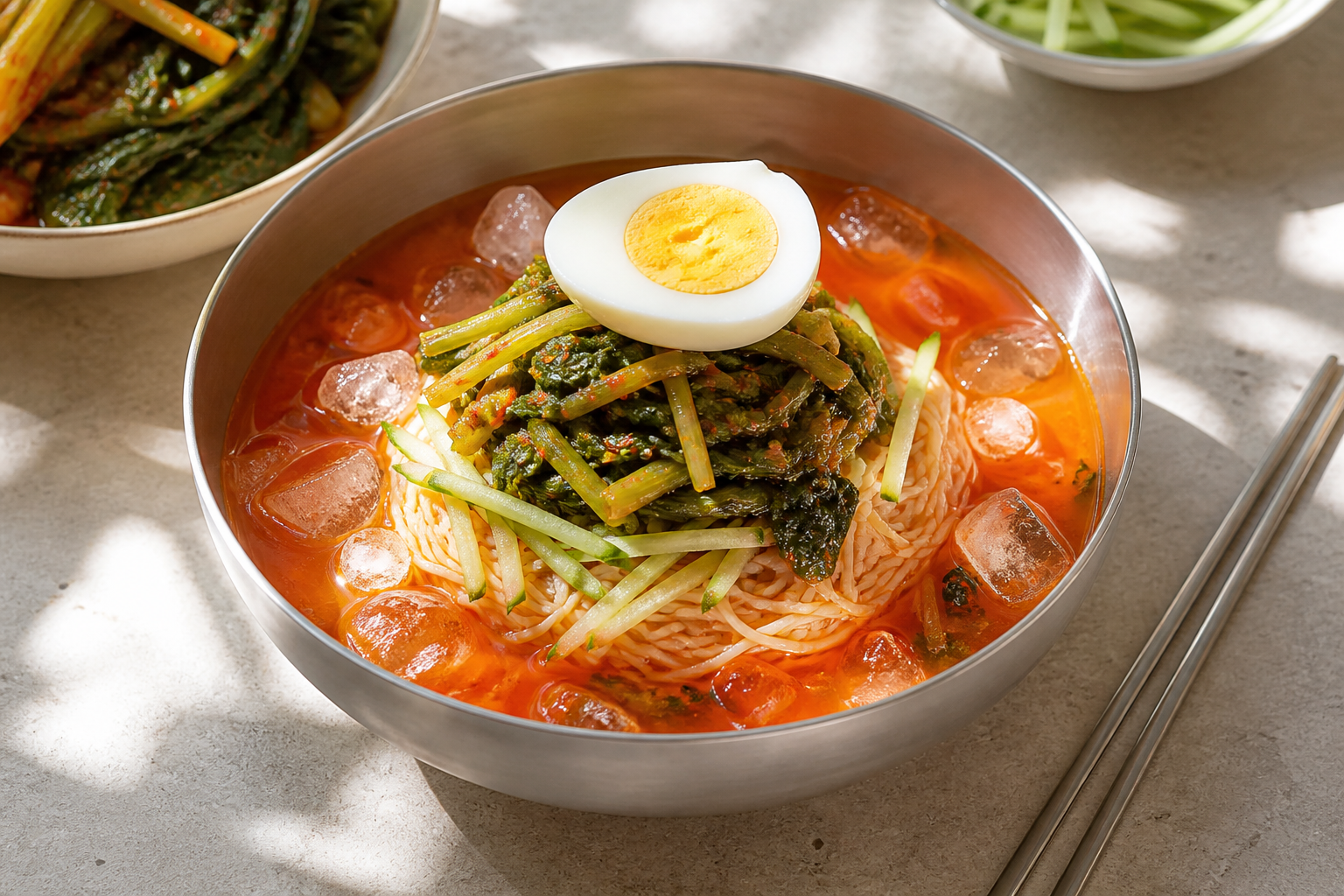 열무김치와 오이, 달걀을 올린 시원한 열무국수