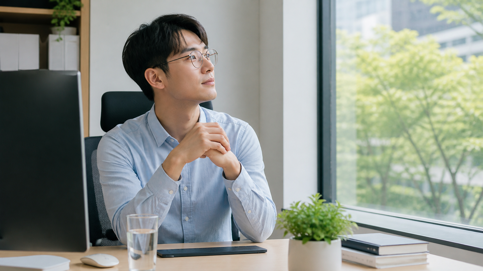 물과 안경을 준비하고 모니터에서 시선을 떼어 창밖을 보는 직장인